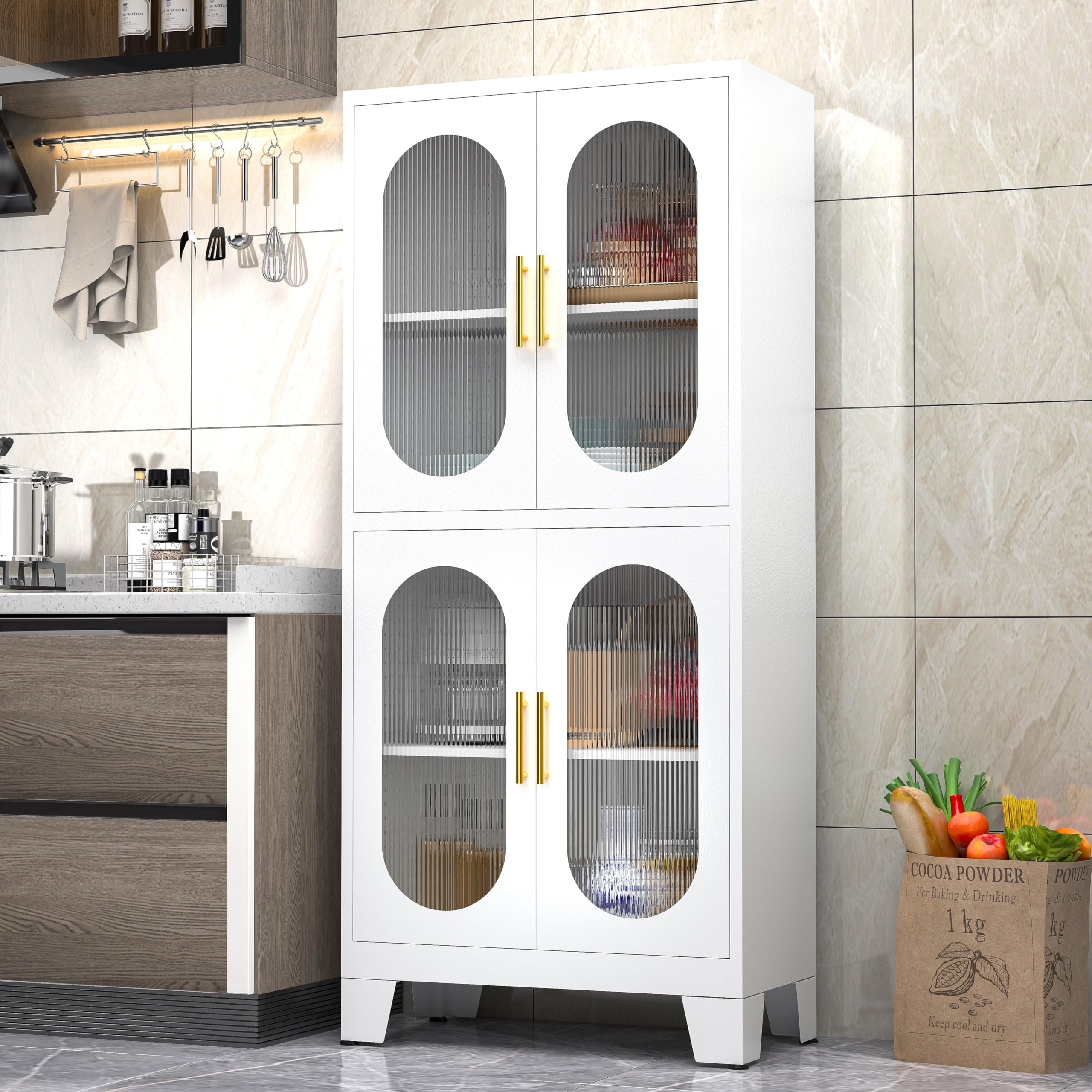 Paofin 61'' White Pantry Storage Cabinet, Kitchen Pantry Cabinet With Acrylic Glass Doors And Shelves, Kitchen Pantry With Adjus