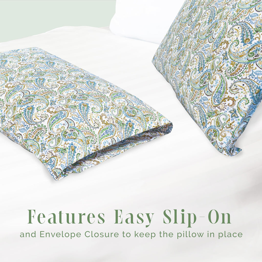 Elegant Comfort Ultra Soft Set Of 2 Floral Print Pillowcases - 1500 Premium Hotel Quality Microfiber, Soft And Smooth Envelope Closure 2-Piece Pillow Covers - Standard/Queen, Paisley Teal