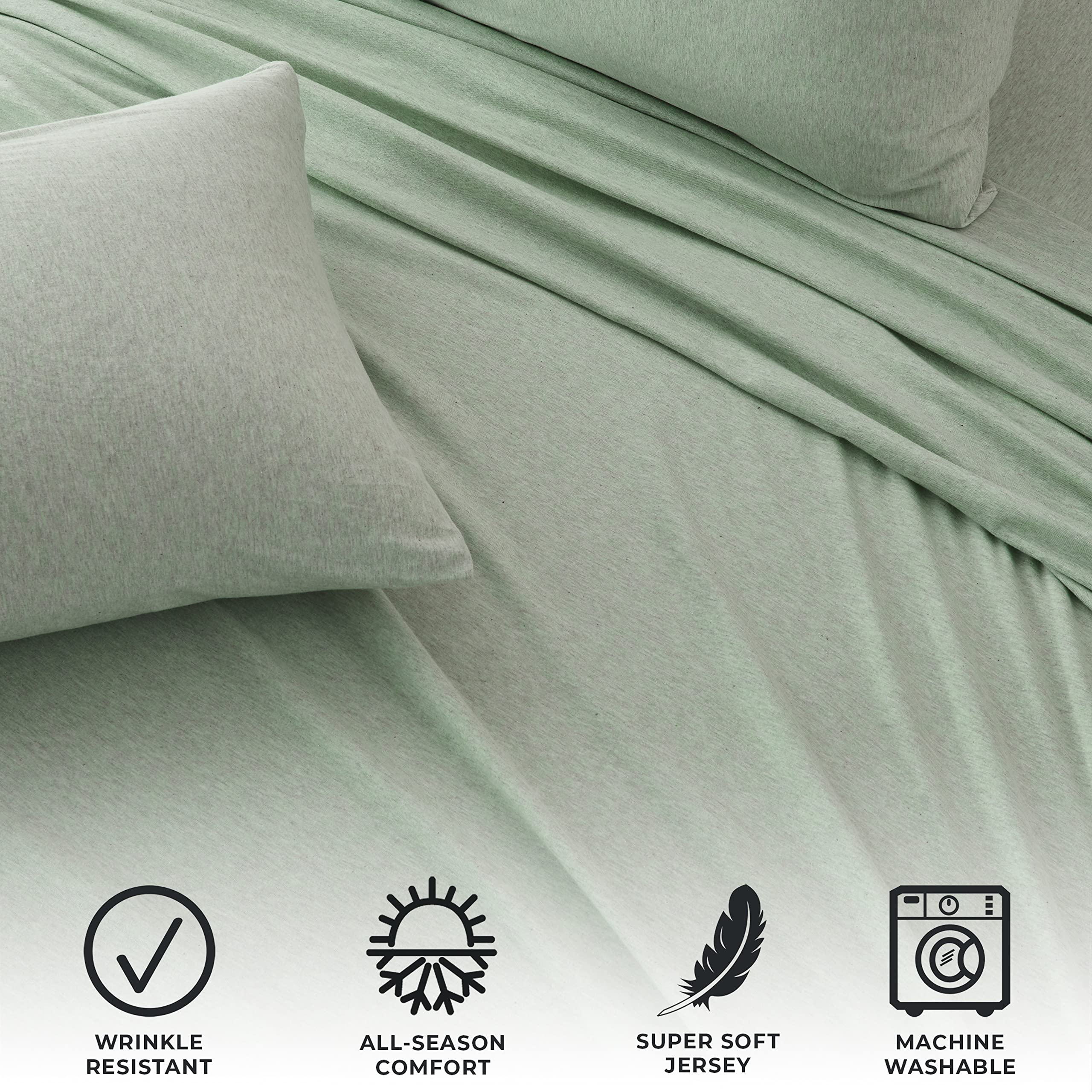 4 Piece Jersey Knit King Cotton Blend Green Sheet Set | Ultra-Soft T-Shirt Jersey Bedding Sheets & Pillowcases | Heathered, Brea