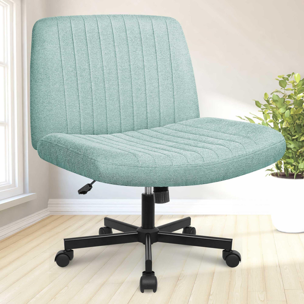 Neo Chair Criss Cross Chair With Wheels Fabric Comfy Cross Legged Computer Desk Chair Armless Swivel Height Adjustable Task Wide Seat For Home Office Bedroom Vanity (Mint)