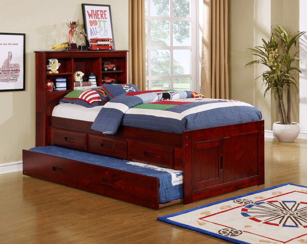 American Furniture Classics Solid Pine Captains Bookcase 3 Drawers In Rich Merlot Twin Trundle Bed Brown