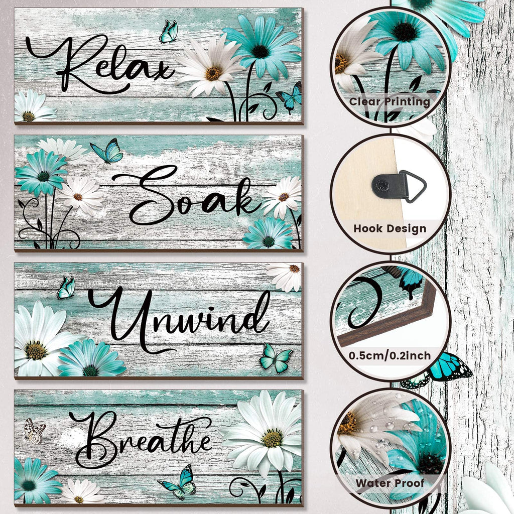 Sunnyray 4 Pcs Farmhouse Bathroom Wall Decor Sign Daisy Tulip Flowers And Butterfly Bathroom Wall Art Relax Soak Unwind Breathe