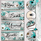 Sunnyray 4 Pcs Farmhouse Bathroom Wall Decor Sign Daisy Tulip Flowers And Butterfly Bathroom Wall Art Relax Soak Unwind Breathe