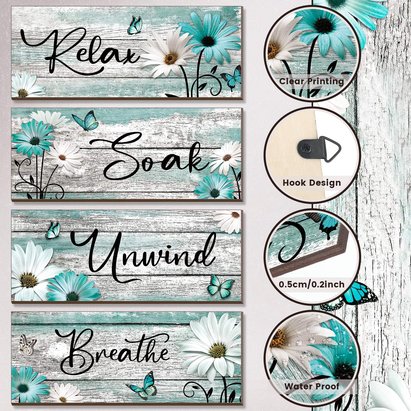 Sunnyray 4 Pcs Farmhouse Bathroom Wall Decor Sign Daisy Tulip Flowers And Butterfly Bathroom Wall Art Relax Soak Unwind Breathe