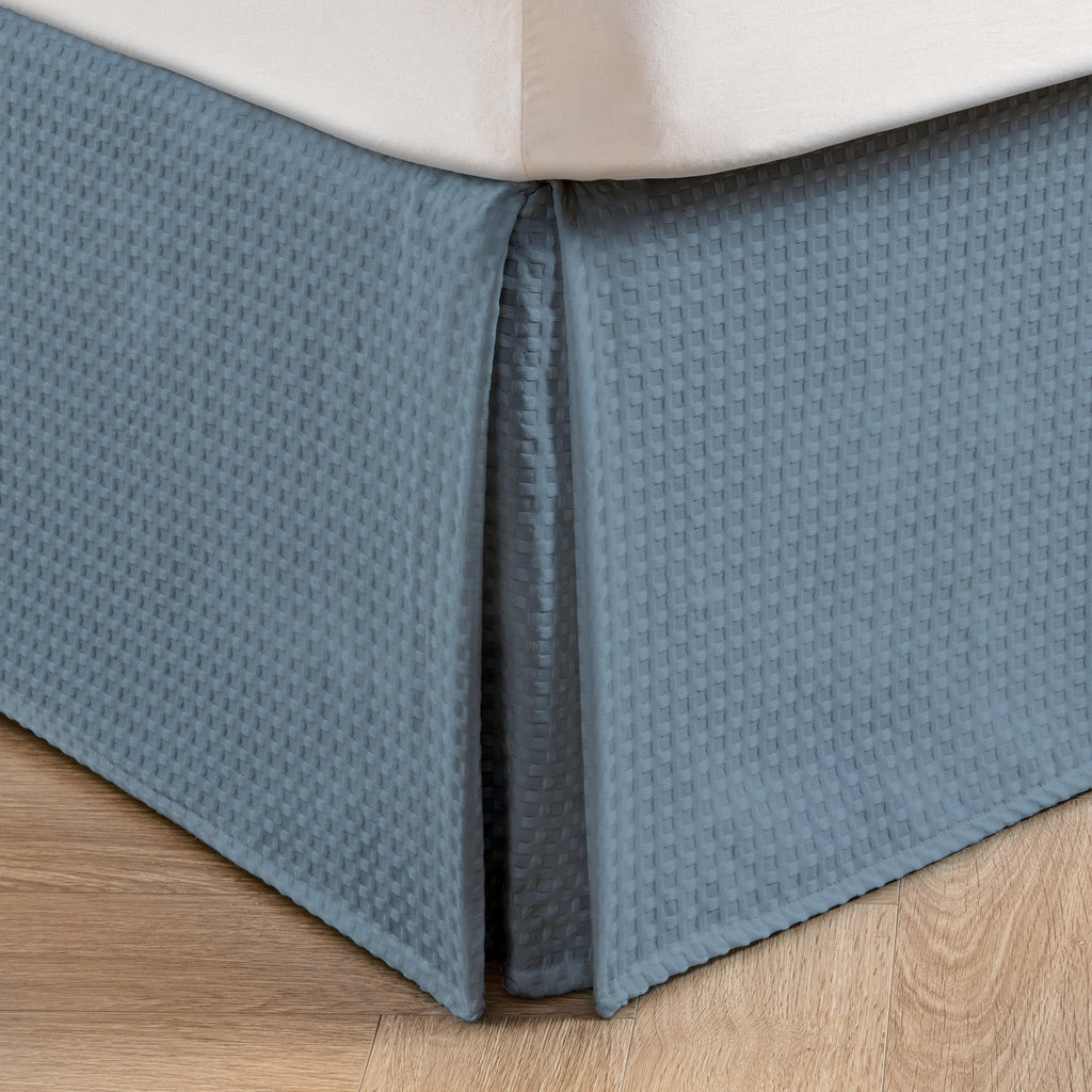 Miye Pleated Waffle Weave Bed Skirt, Tailored Dust Ruffle 22 Inch Drop Easy Fit, Machine Washable (Blue, Twinxl - 22'' Drop)