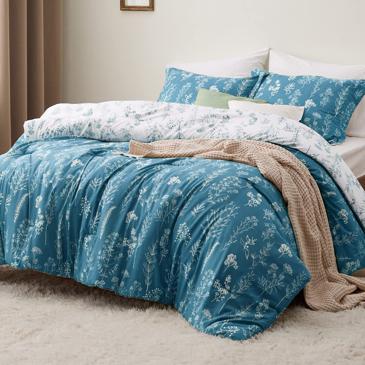 Bedsure Full Comforter Set - Teal Blue Comforter, Cute Floral Bedding Comforter Sets, Gifts For Woman, 3 Pieces, 1 Soft Reversib