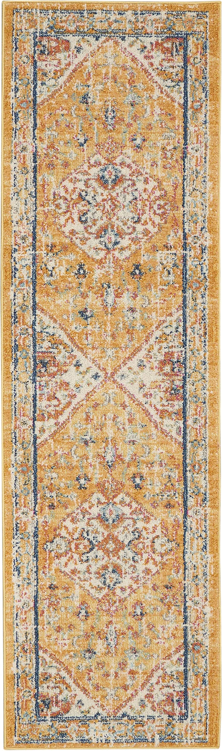 HomeRoots Ivory/Yellow 100% Polypropylene 2’ x 8’ Ivory and Yellow Center Medallion Runner Rug