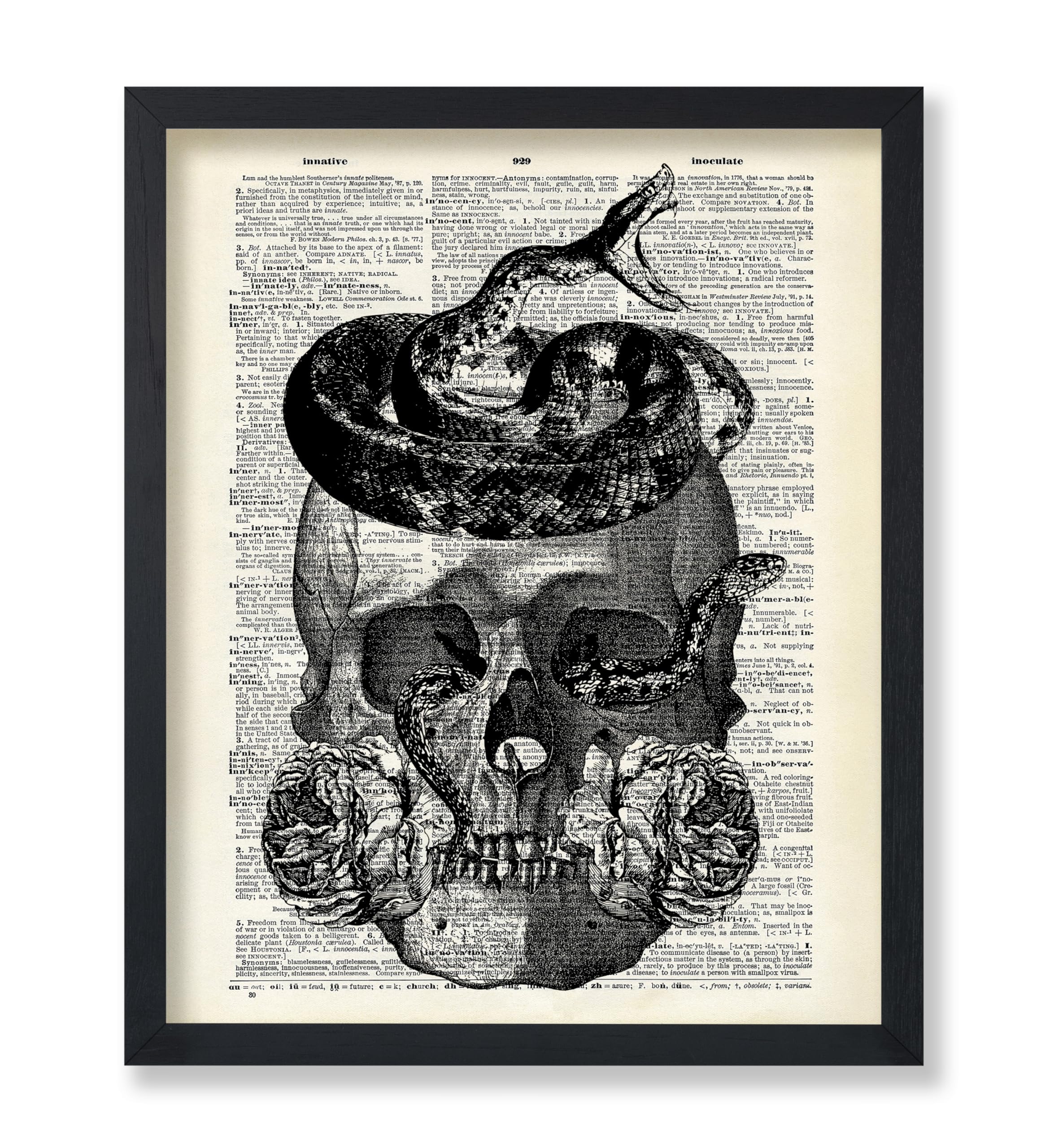 Poster Master Dictionary Art Poster - Skull Snakes and Roses Print - Skeleton Art - Snake Art - Flower Art - Gift for Him, Her -