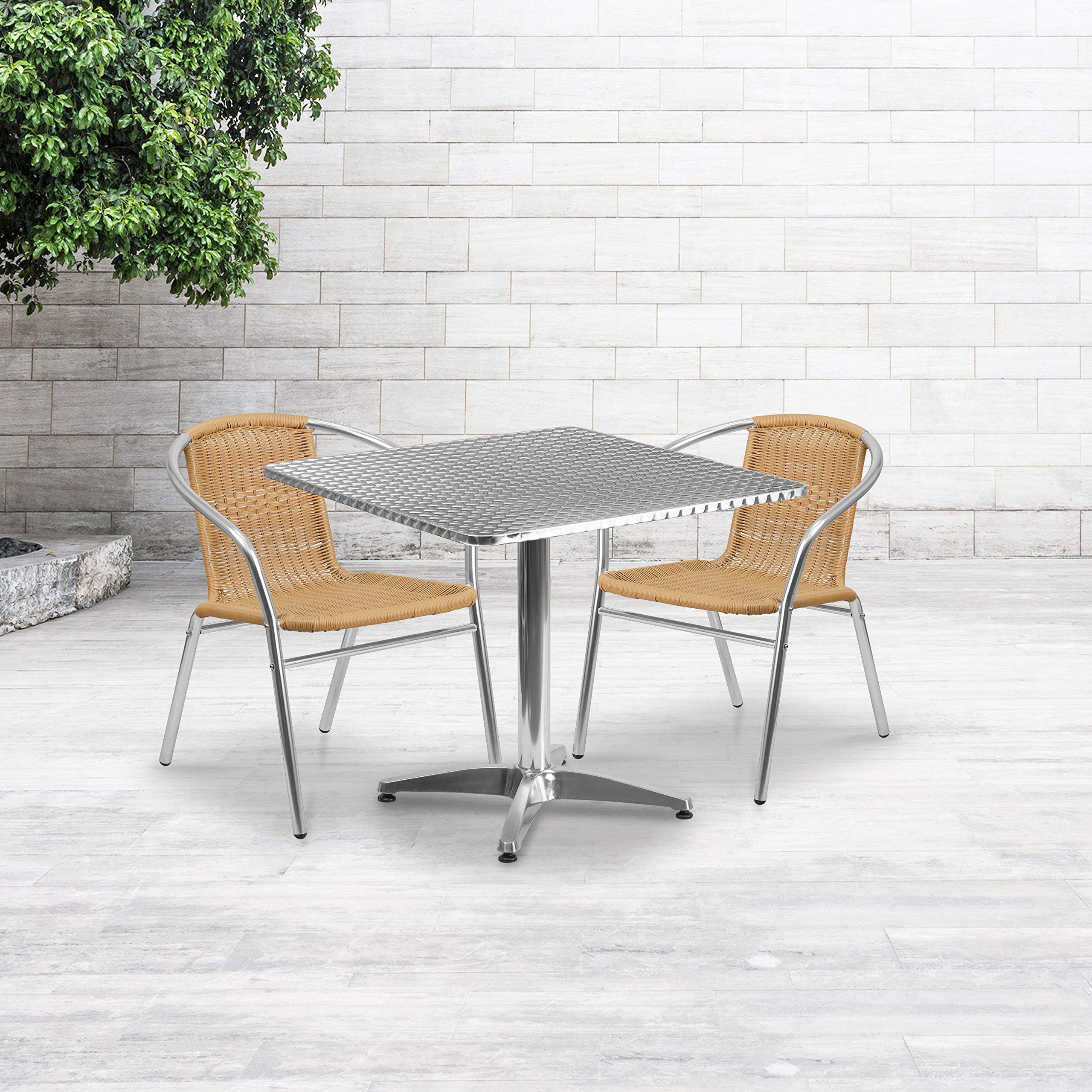 Flash Furniture Lila 31.5'' Square Aluminum Indoor-Outdoor Table Set With 2 Beige Rattan Chairs