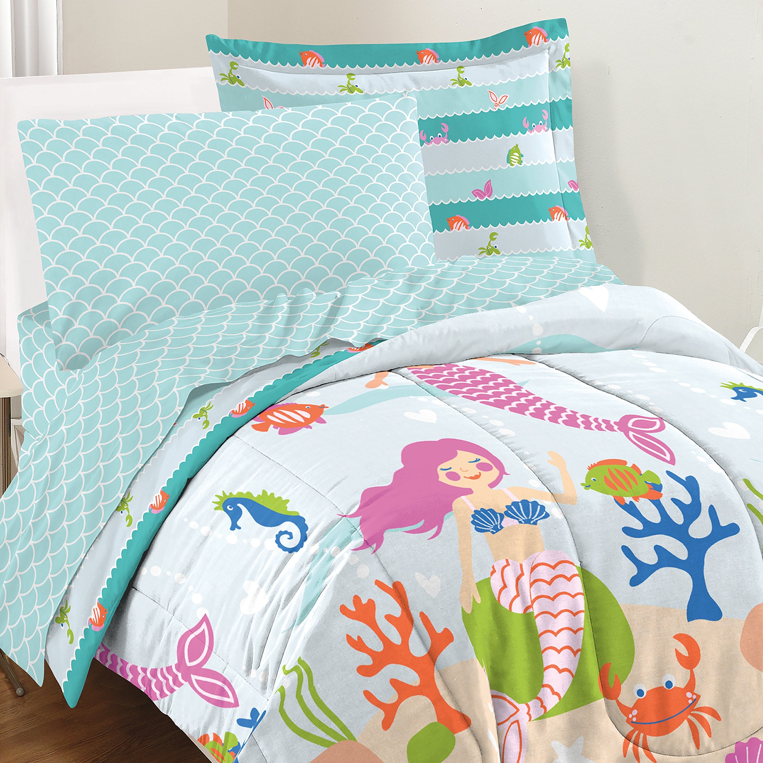 Dream Factory Kids 7-Piece Complete Set Easy-Wash Super Soft Microfiber Comforter Bedding, Full, Light Blue Mermaid Dreams