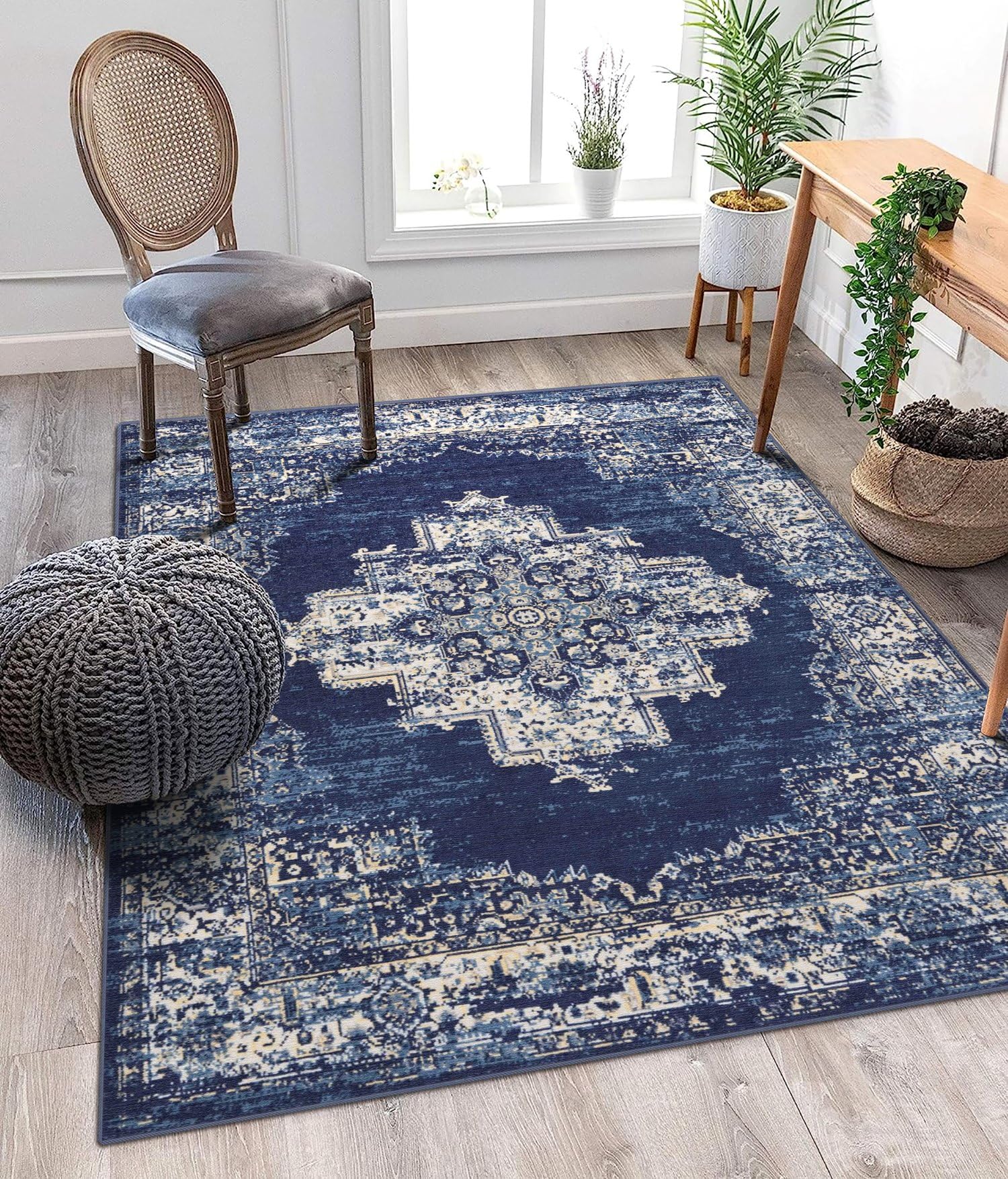 Vivorug 6x9 Area Rugs, Stain Resistant Washable Rug for Living Room, Vintage Inspired Rug (Navy/Blue, 6x9)