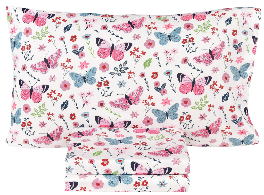 Scientific Sleep Butterfly Pink Flower 100% Cotton Cozy Fun Twin Bed Sheet Set, Flat Sheet & Fitted Sheet & Pillowcase Kids Boys
