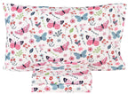 Scientific Sleep Butterfly Pink Flower 100% Cotton Cozy Fun Twin Bed Sheet Set, Flat Sheet & Fitted Sheet & Pillowcase Kids Boys