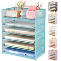 Subekyu 6 Tier Office File Paper Desk Tray Organizer With Handle, Stackable Slide Mesh Letter Tray Folder Blue Desk Organizer, D
