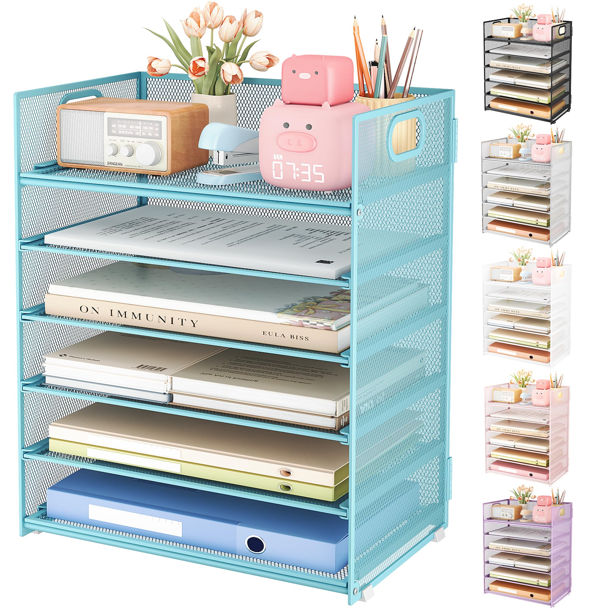 Subekyu 6 Tier Office File Paper Desk Tray Organizer With Handle, Stackable Slide Mesh Letter Tray Folder Blue Desk Organizer, D