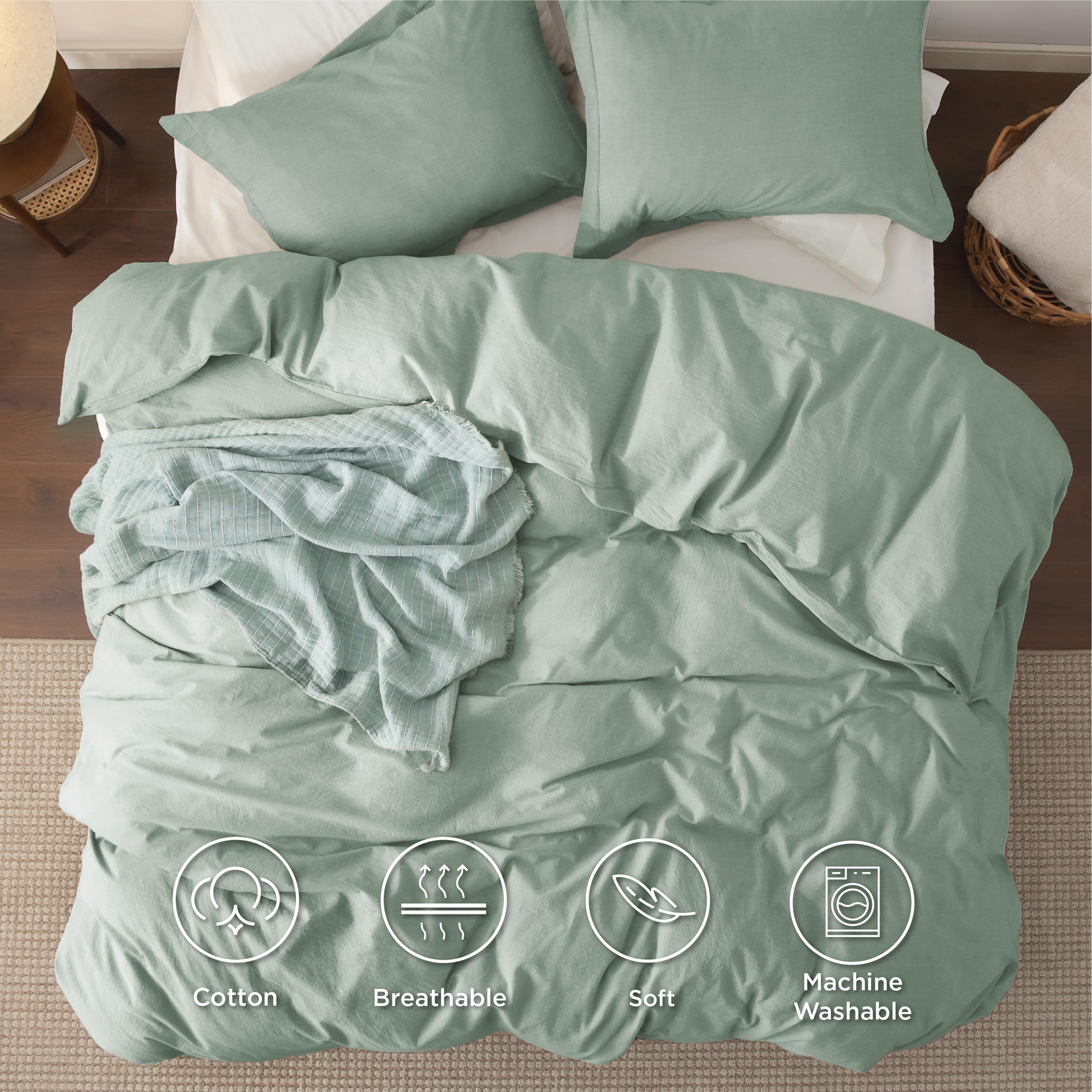 Bedsure 100% Washed Cotton Duvet Cover King Size - Sage Green Minimalist Cotton Duvet Cover Linen Like - 3 Pieces Gentlesoft™ Plain Simple Bedding Set With 2 Pillow Shams (Sage Green, King, 104'X90')