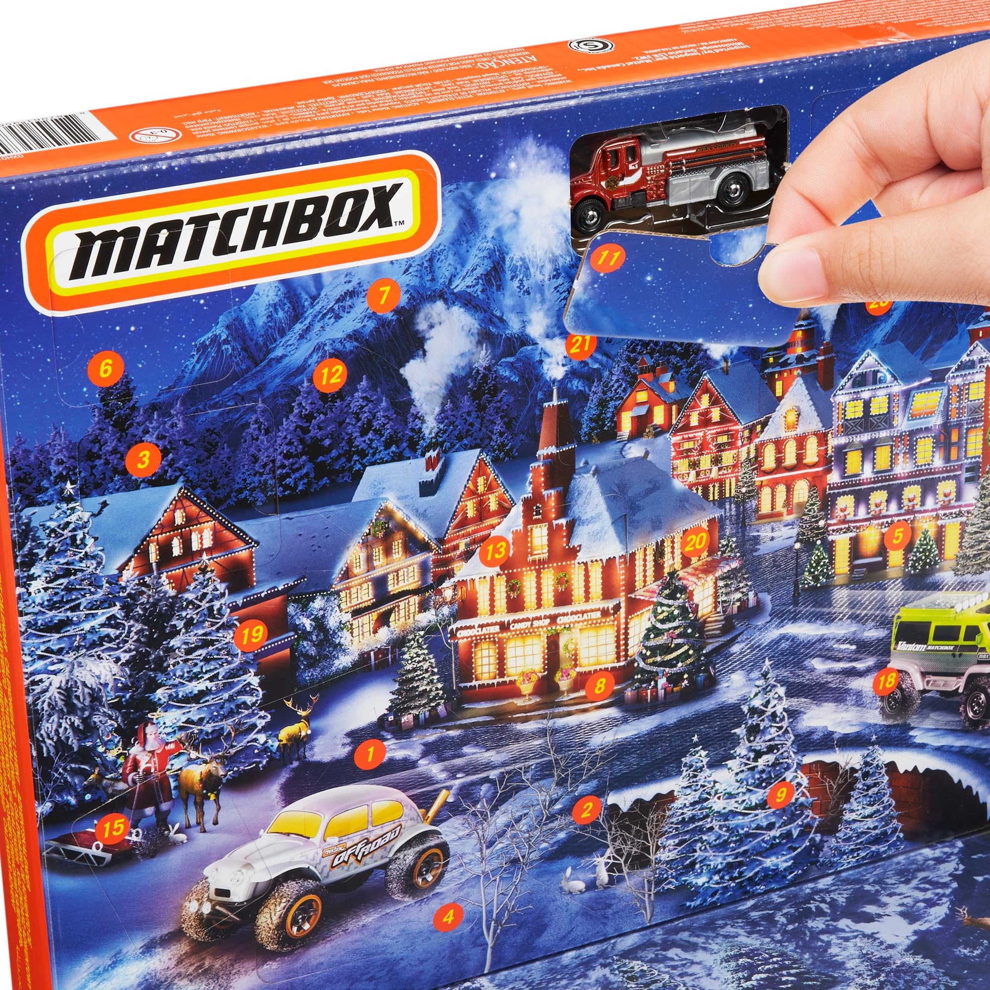 Matchbox Advent Calendar With 24 Surprises That Include 11 1:64 Scale Cars With Authentic & Holiday-Themed Decos & Accessories,