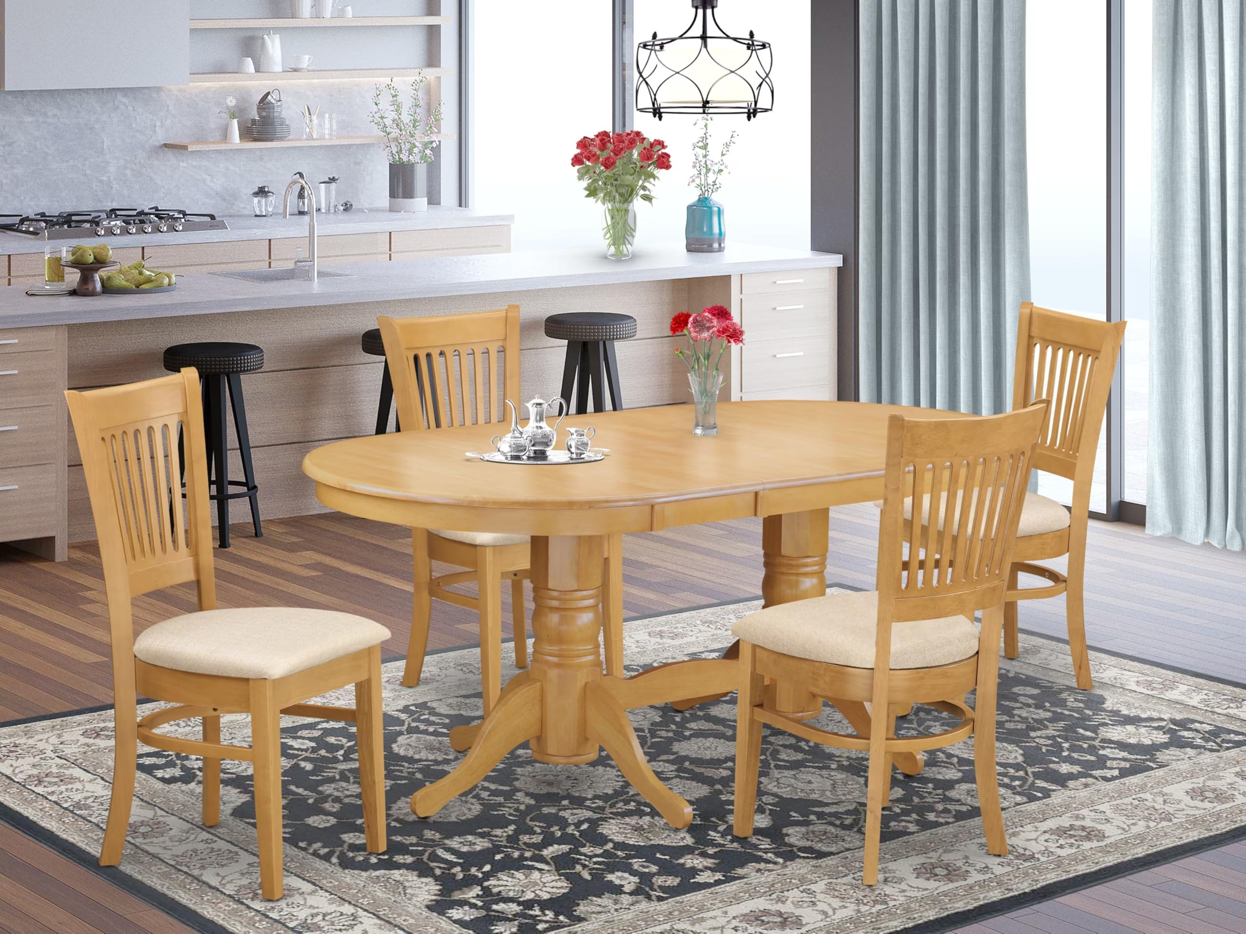 East West Furniture Vancouver 5 Piece Dinette Set for 4 Includes an Oval Table with Butterfly Leaf and 4 Linen Fabric Dining Room Chairs, 40x76 Inch, Oak