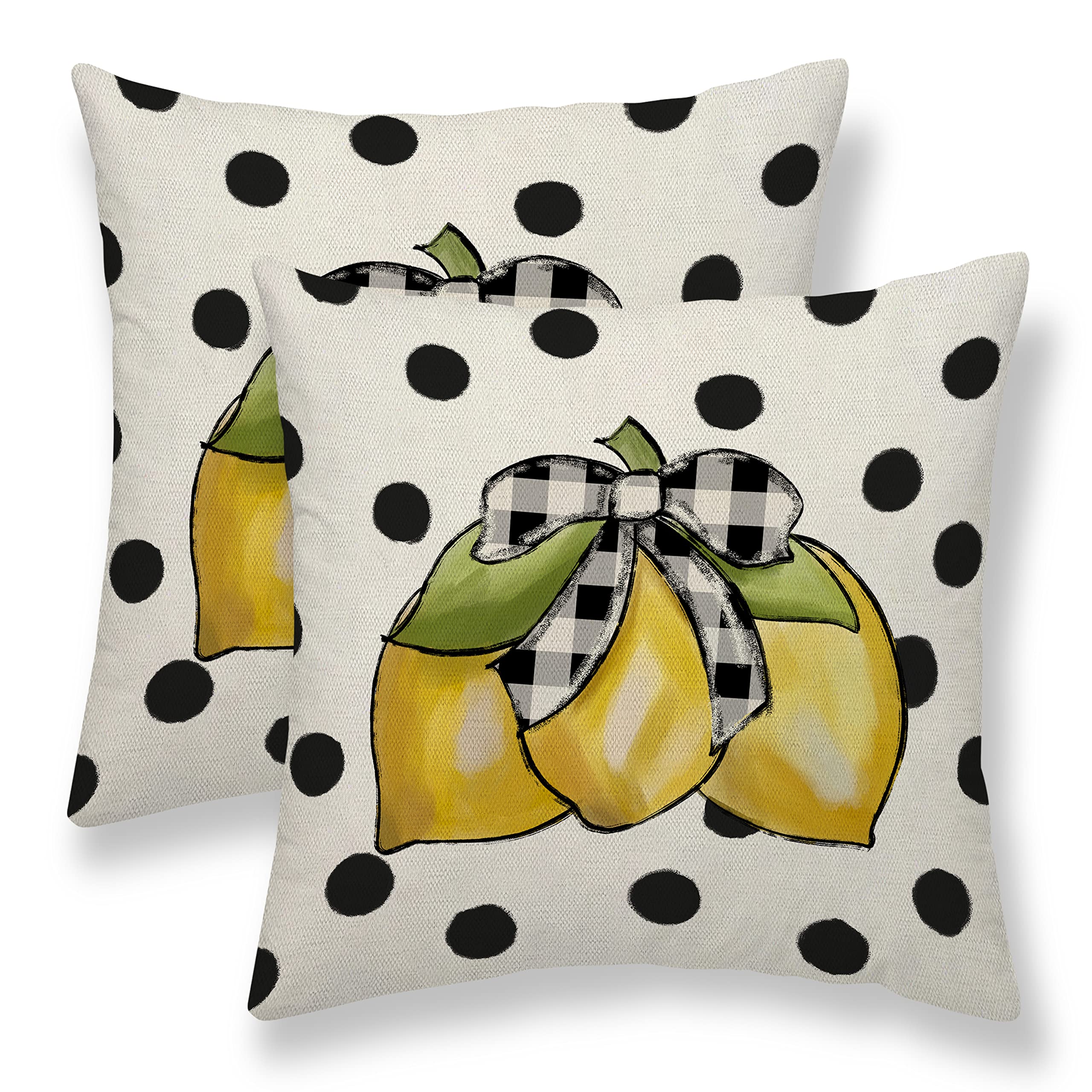 Summer Pillow Covers 18X18 Set Of 2, Yellow Lemons Polka Dots Decorative Throw Pillow Cases Watercolor Summer Seasonal Linen Dec