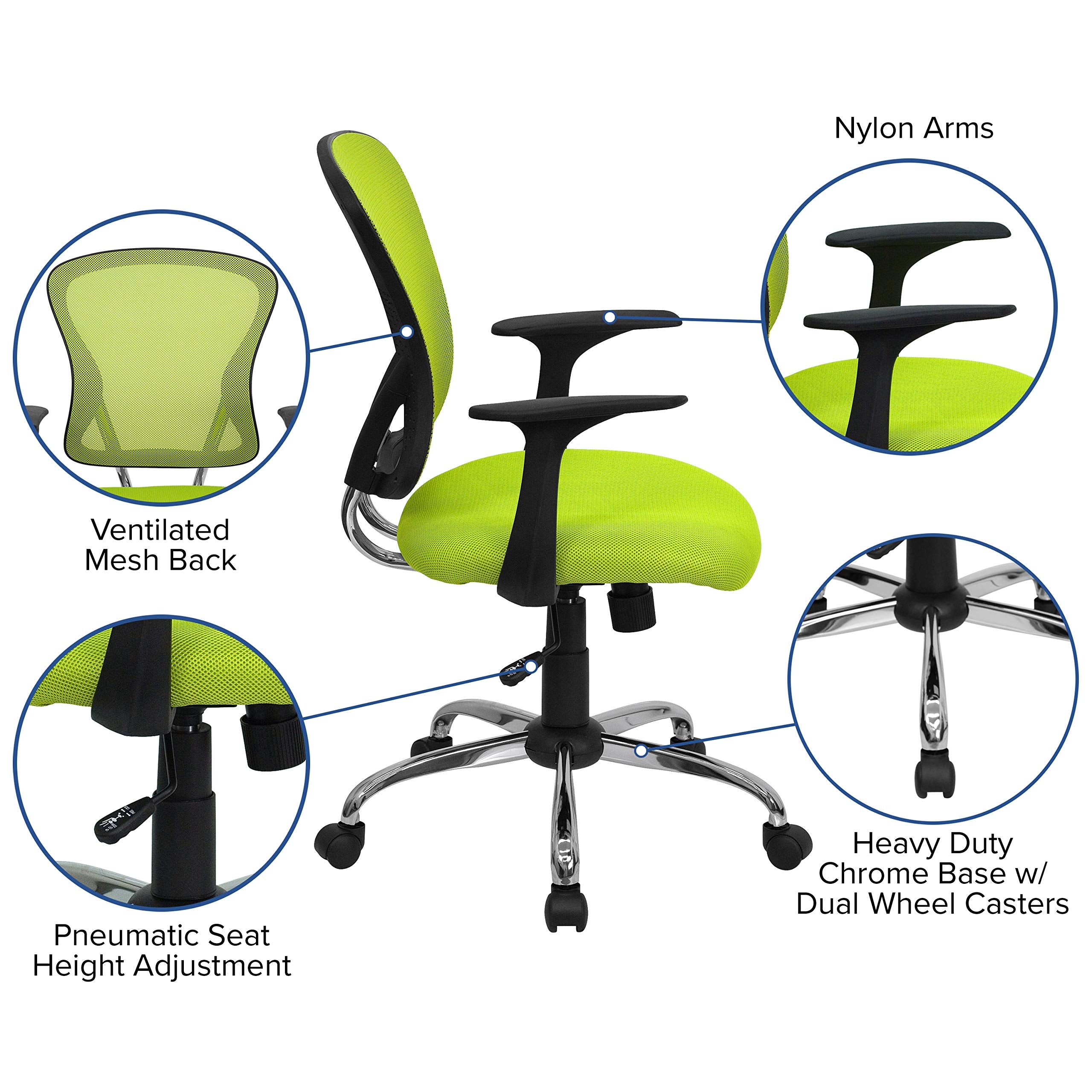 Flash Furniture Alfred Mid-Back Green Mesh Swivel Task Office Chair with Chrome Base and Arms