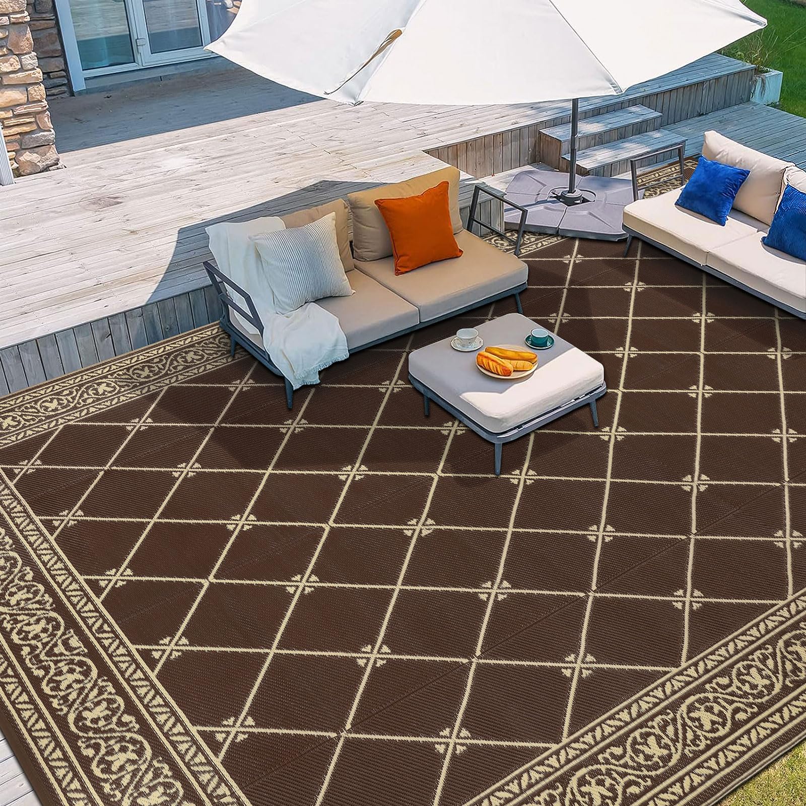 Hiiarug 9X12 Outdoor Rugs Outdoor Patio Rug, Reversible Waterproof Plastic Straw Rug Large Outdoor Rug (9X12Ft, Brown)