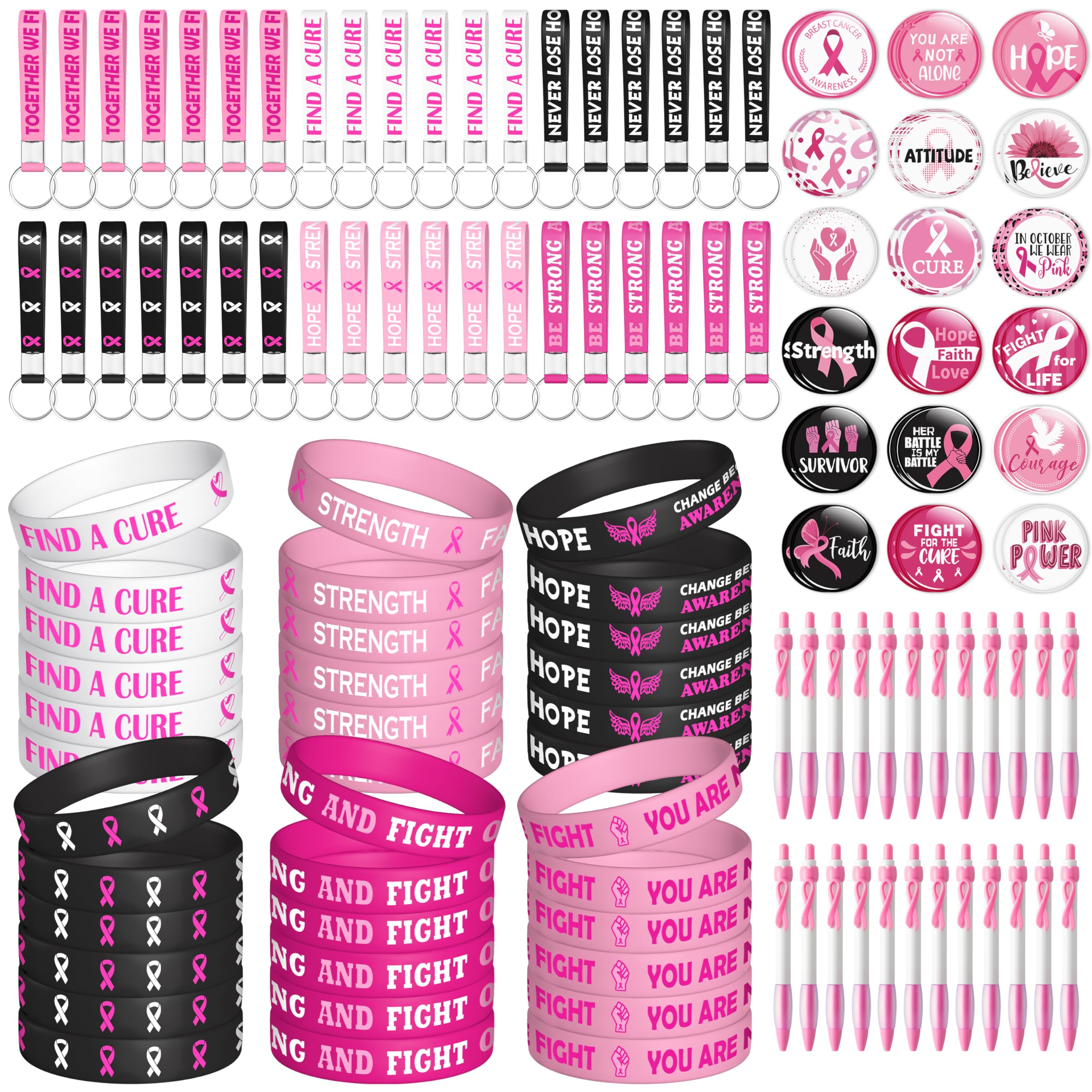 WATINC Ribbons Awareness Accessories Kits - 144PCS Pink Ribbon Week Awareness Set 36 Silicone Bracelets 36 Rubber Keychains 36 B