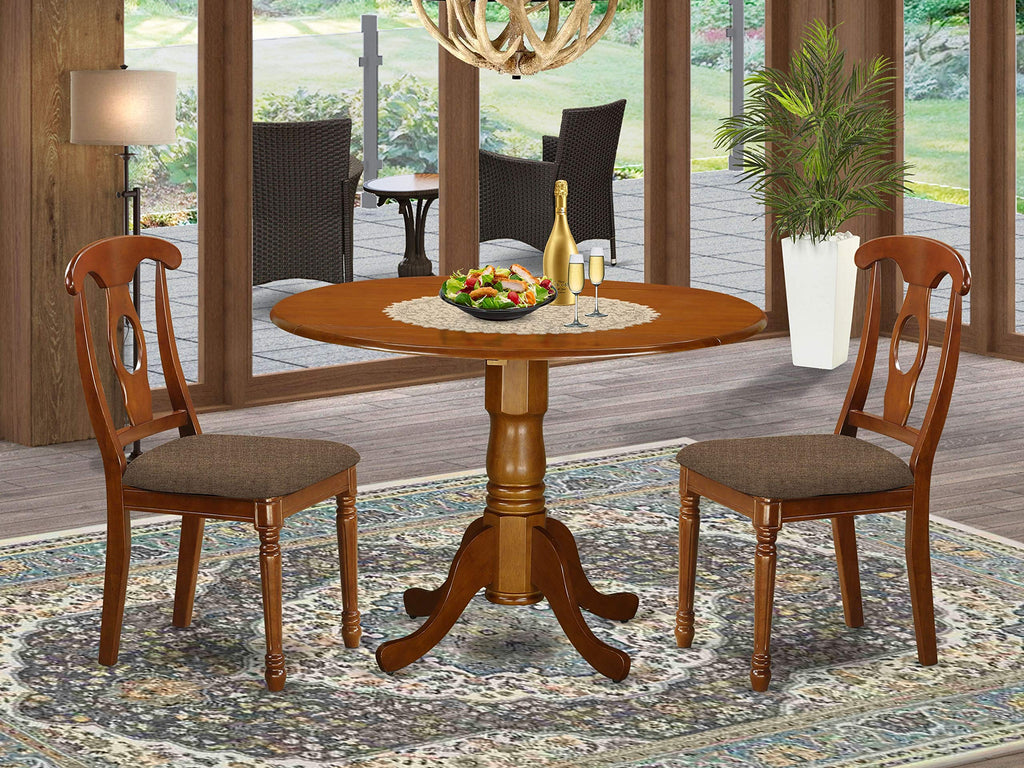 East West Furniture DLNA3-SBR-C 3 Piece Dining Set Contains a Round Dining Table with Dropleaf and 2 Linen Fabric Kitchen Room Chairs, 42x42 Inch, Saddle Brown
