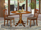 East West Furniture DLNA3-SBR-C 3 Piece Dining Set Contains a Round Dining Table with Dropleaf and 2 Linen Fabric Kitchen Room Chairs, 42x42 Inch, Saddle Brown