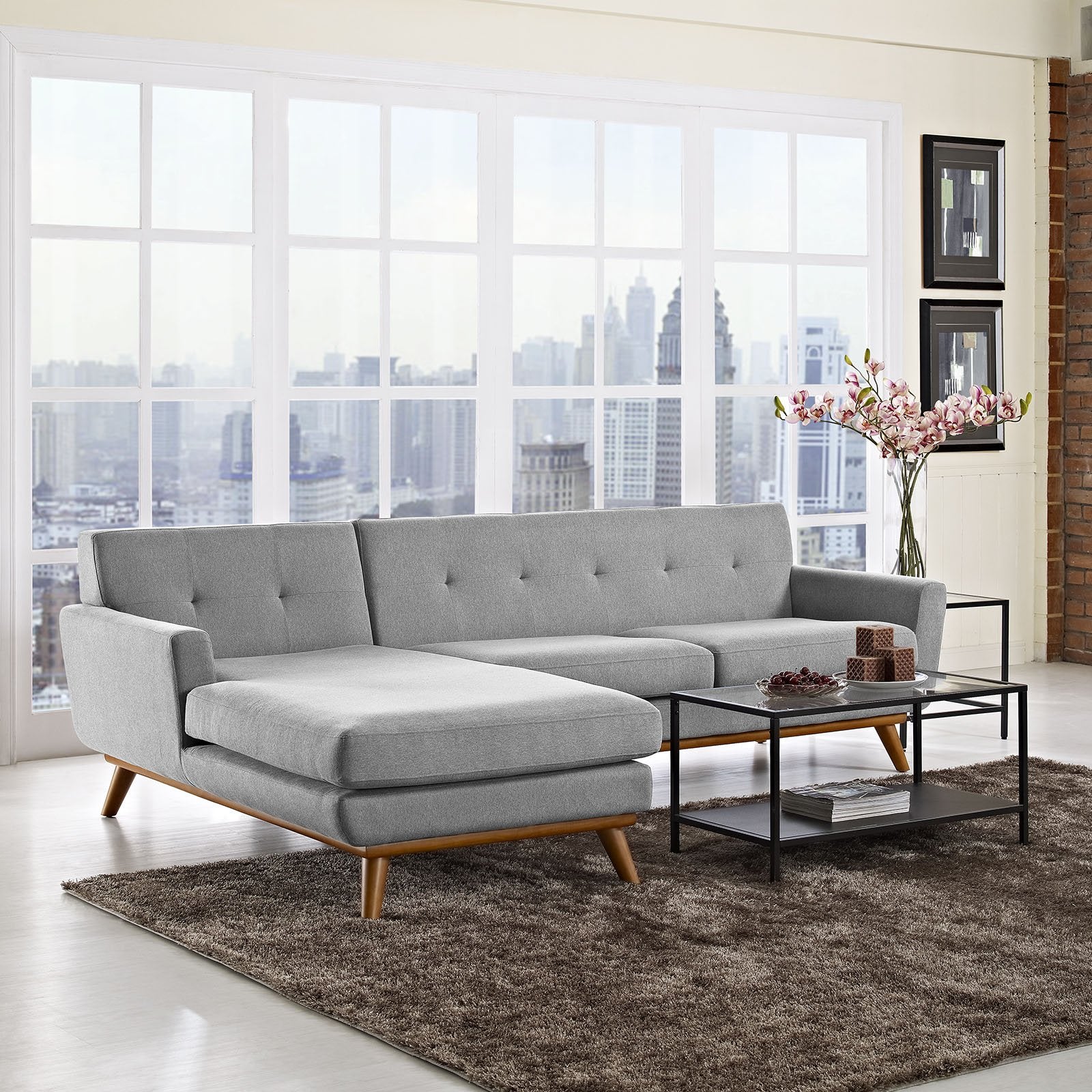 Modway Engage Mid-Century Modern Upholstered Fabric Left-Facing Sectional Sofa In Expectation Gray