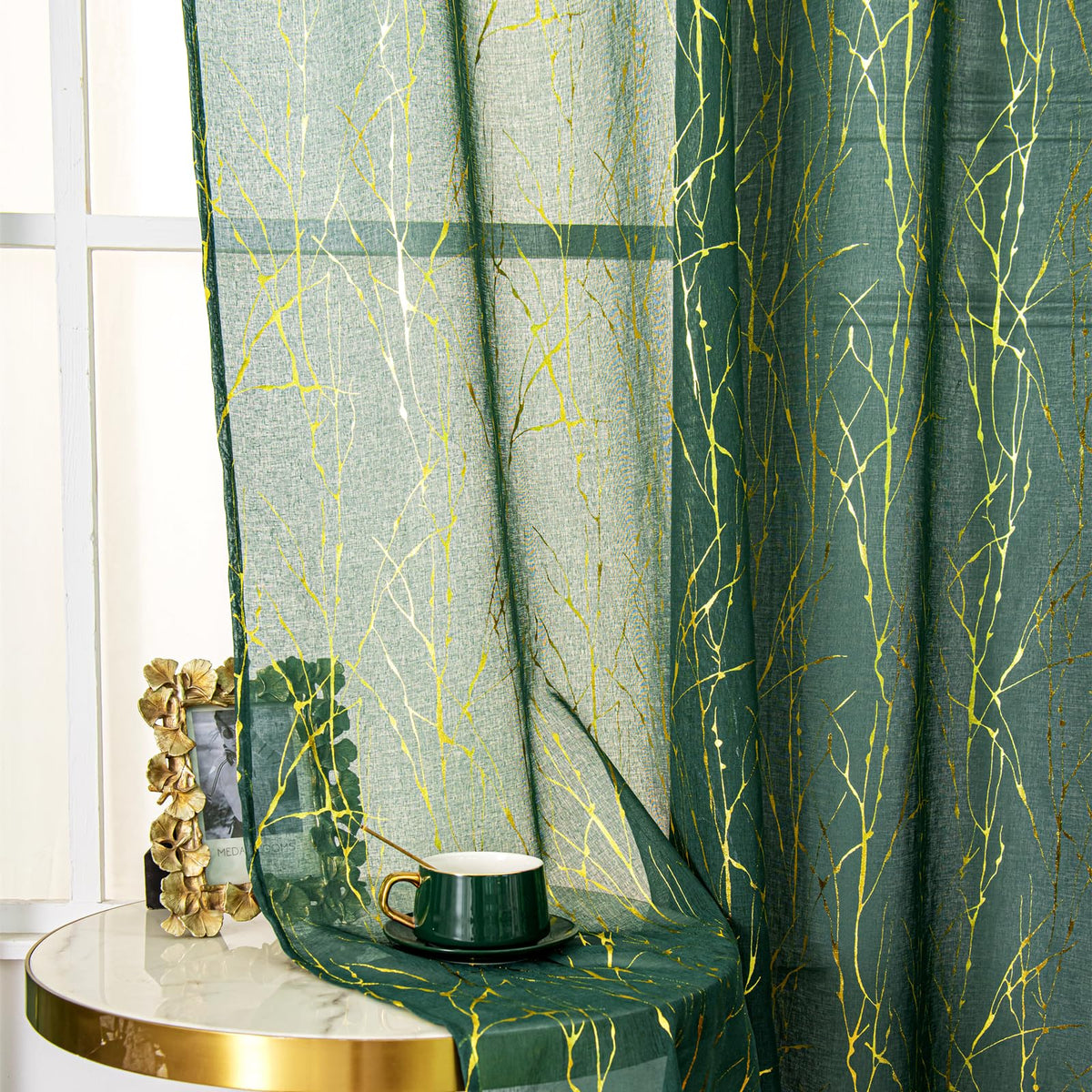 Deeprove Emerald Green Sheer Curtains 84 Inchs Long 2 Panels Set, Tree Branch Gold Foil Print Metallic For Bedroom Abstract Chri