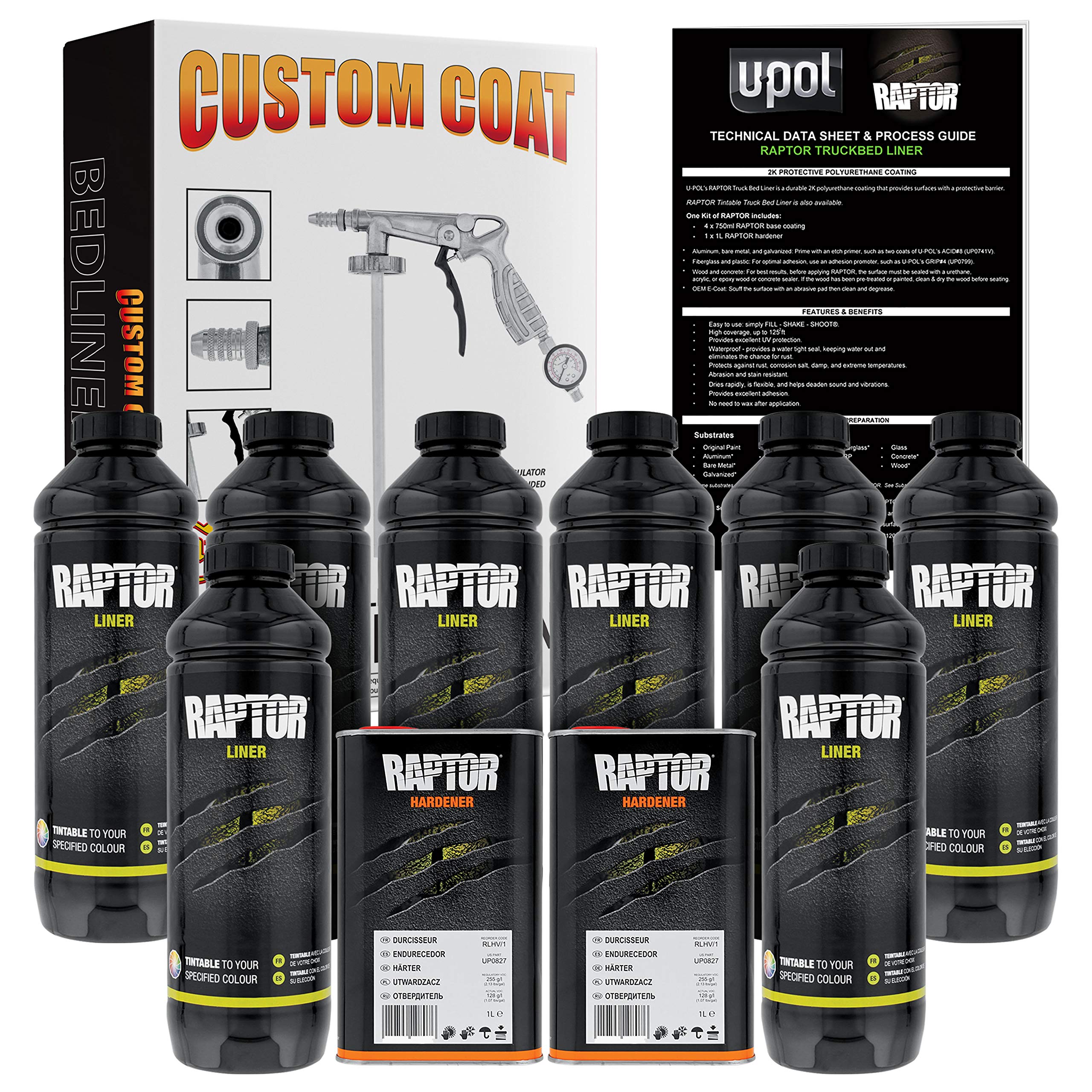 Custom Shop U-Pol Raptor Tintable Urethane Spray-On Truck Bed Liner Kit And Custom Coat Spray Gun With Regulator, 8 Quart Kit