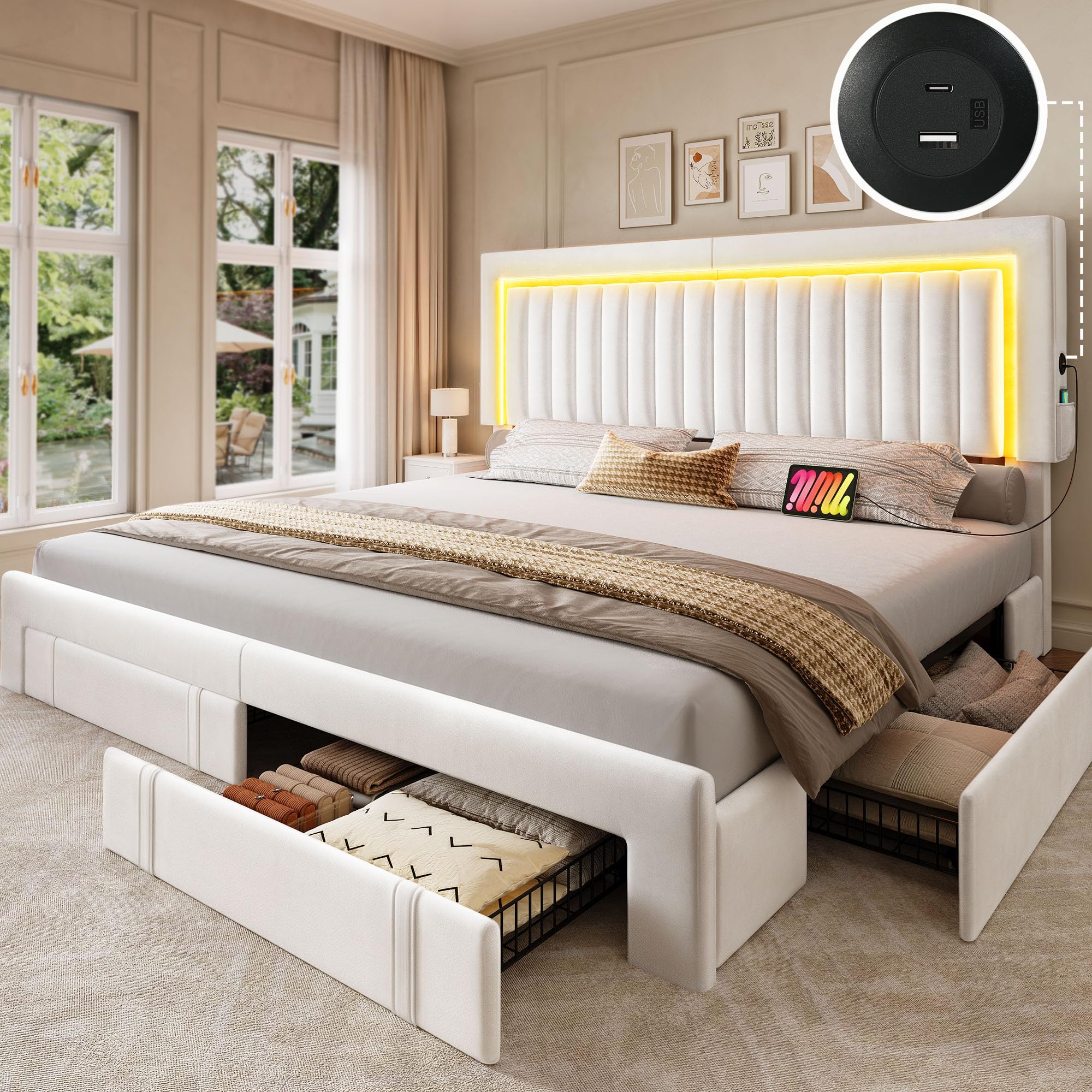 YITAHOME King Size Bed Frame with Adjustable Headboard, 4 Storage Drawers and RGB LED Lights, Velvet Upholstered Platform Bed wi