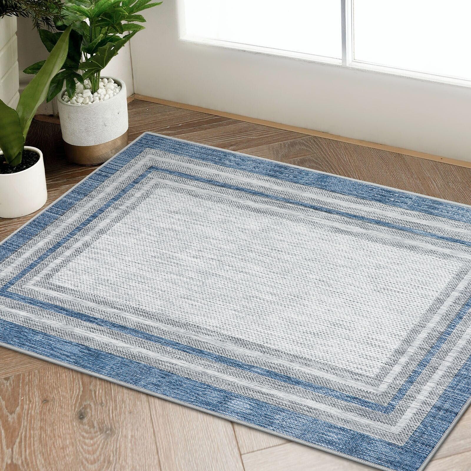 Beeiva Border Blue Rugs for Entryway, 2x3 Throw Rugs wiht Rubber Backing, Modern Printed Small Kitchen Rugs Non Slip Washable Ac
