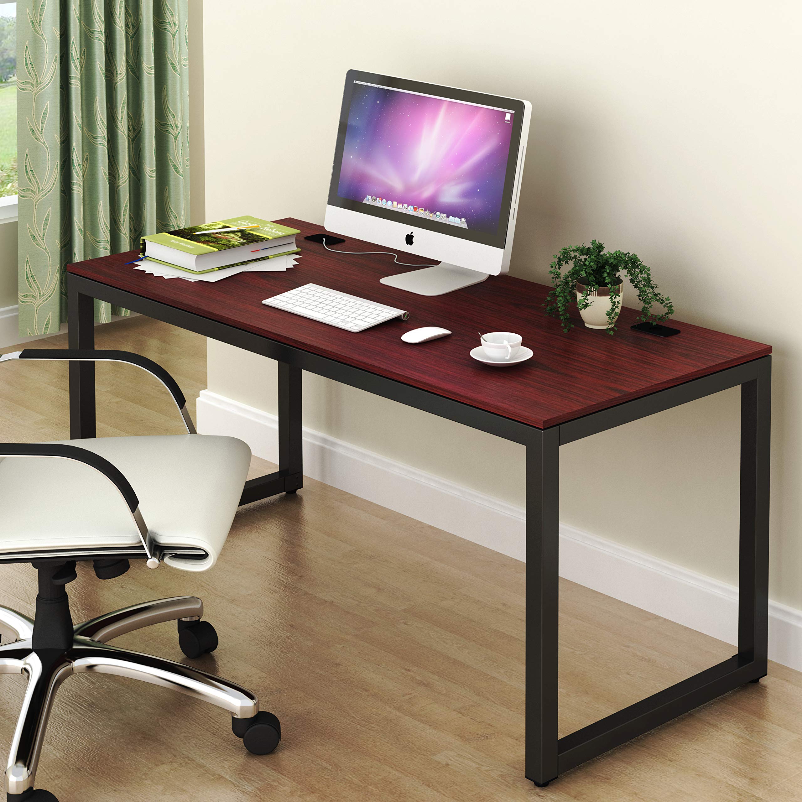 Shw Home Office 55-Inch Large Computer Desk, 24' Deep, Black/Cherry