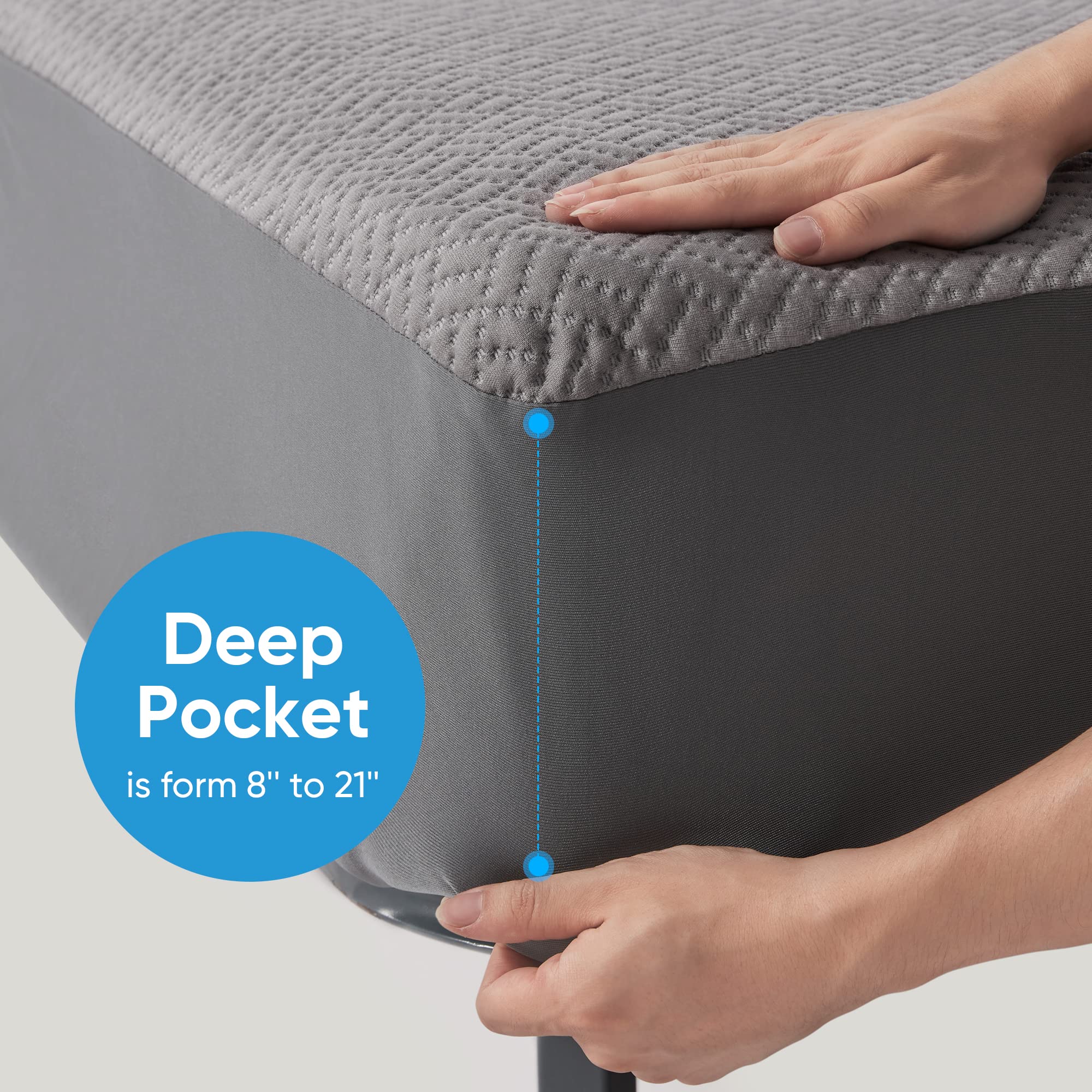 Hanherry 100% Waterproof Mattress Protector King Size - Grey, Mattress Cover 3D Air Fabric Cooling Mattress Pad Cover Smooth Sof