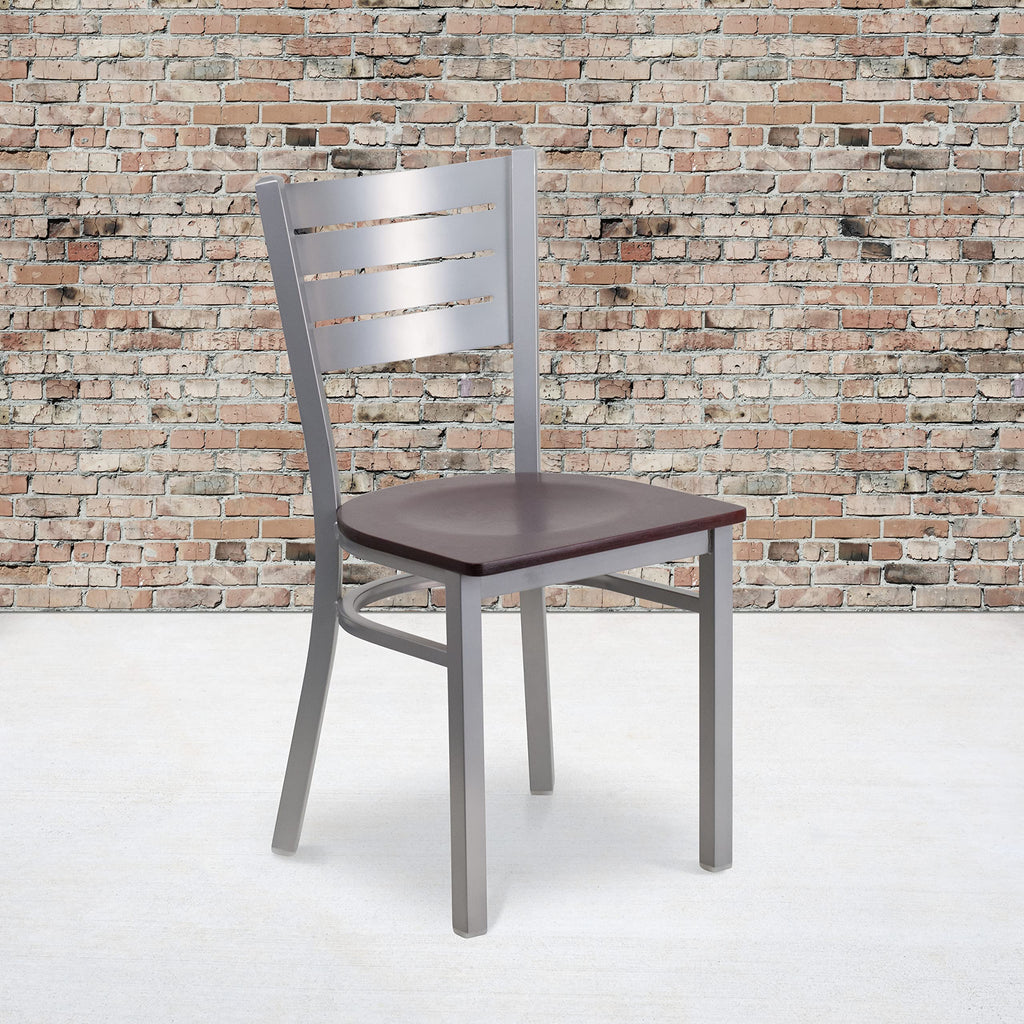 Flash Furniture HERCULES Series Silver Slat Back Metal Restaurant Chair - Mahogany Wood Seat