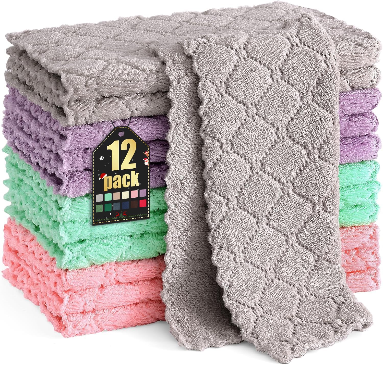 Homaxy 12 Pack Kitchen Dish Cloths (10 x 10 Inches, Multi Color), Super Soft and Absorbent Coral Velvet Dish Towels, Nonstick Oi