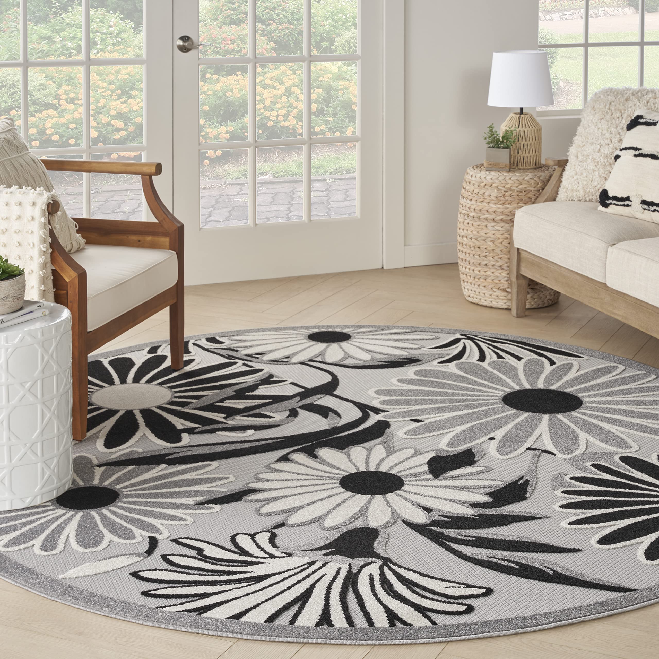 Nourison Aloha Indoor/Outdoor Black White 710    x Round Area_Rug, Easy-Cleaning, Non Shedding, Bed Room, Living Room, Dining Ro