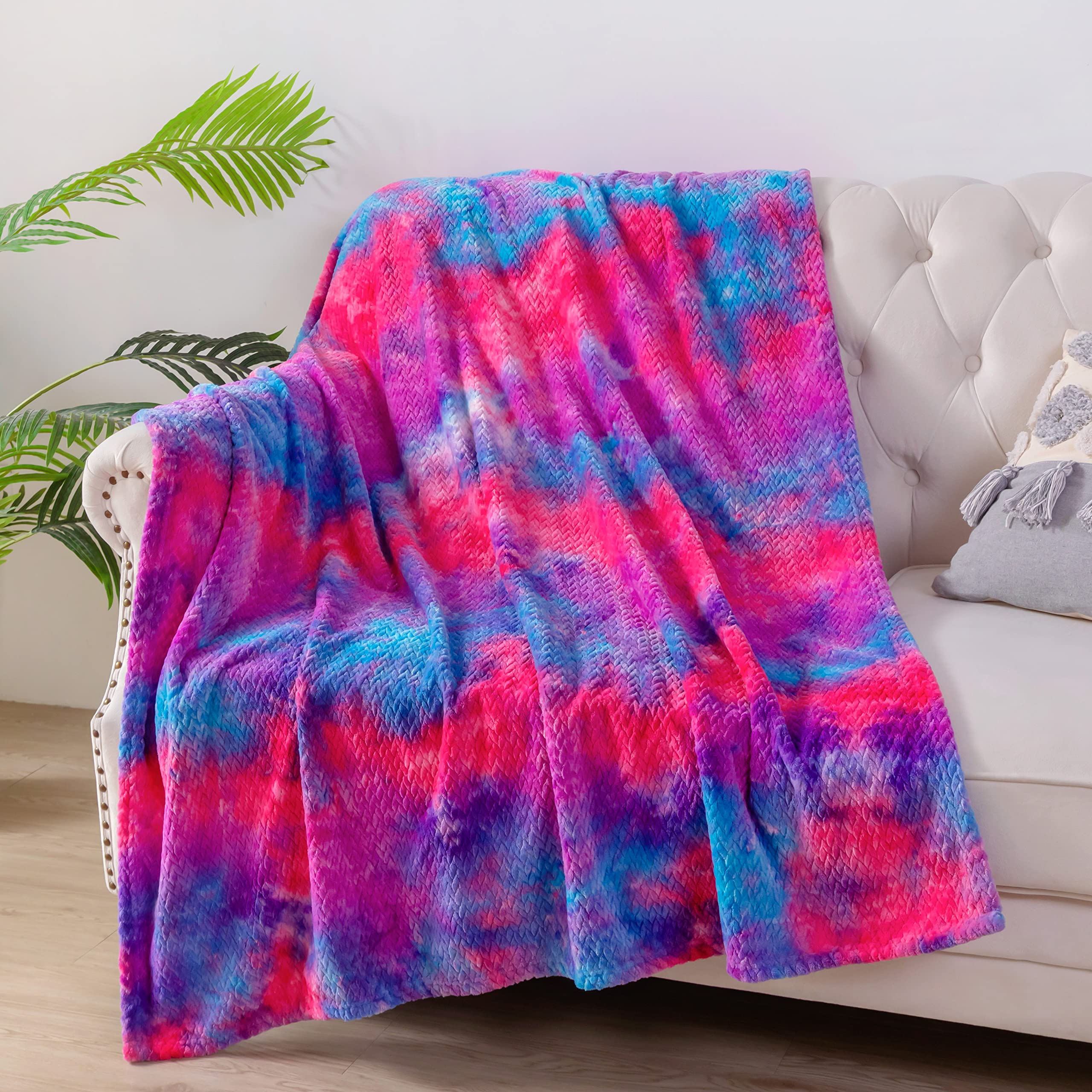 Newcosplay Super Soft Twin Blanket Deep Purple Rainbow Premium Silky Flannel Fleece Leaves Pattern Lightweight Bed Blanket All S