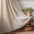 Sutuo Home Boho Curtain Semi-Blackout Crochet Hollow Lace Patchwork With Textured Linen Fabric, Handmade Tassels Rod Pocket Bohe