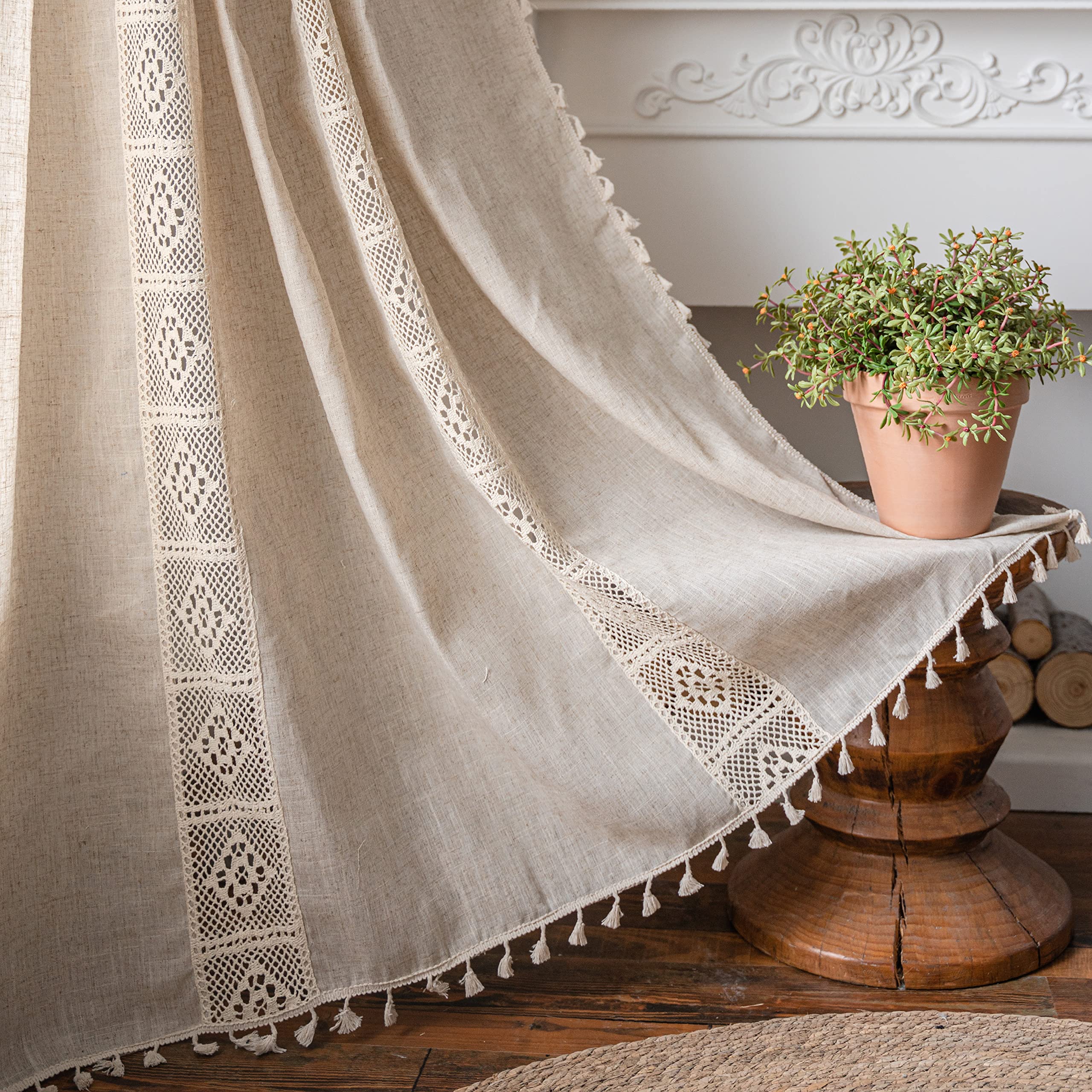 Sutuo Home Boho Curtain Semi-Blackout Crochet Hollow Lace Patchwork With Textured Linen Fabric, Handmade Tassels Rod Pocket Bohe