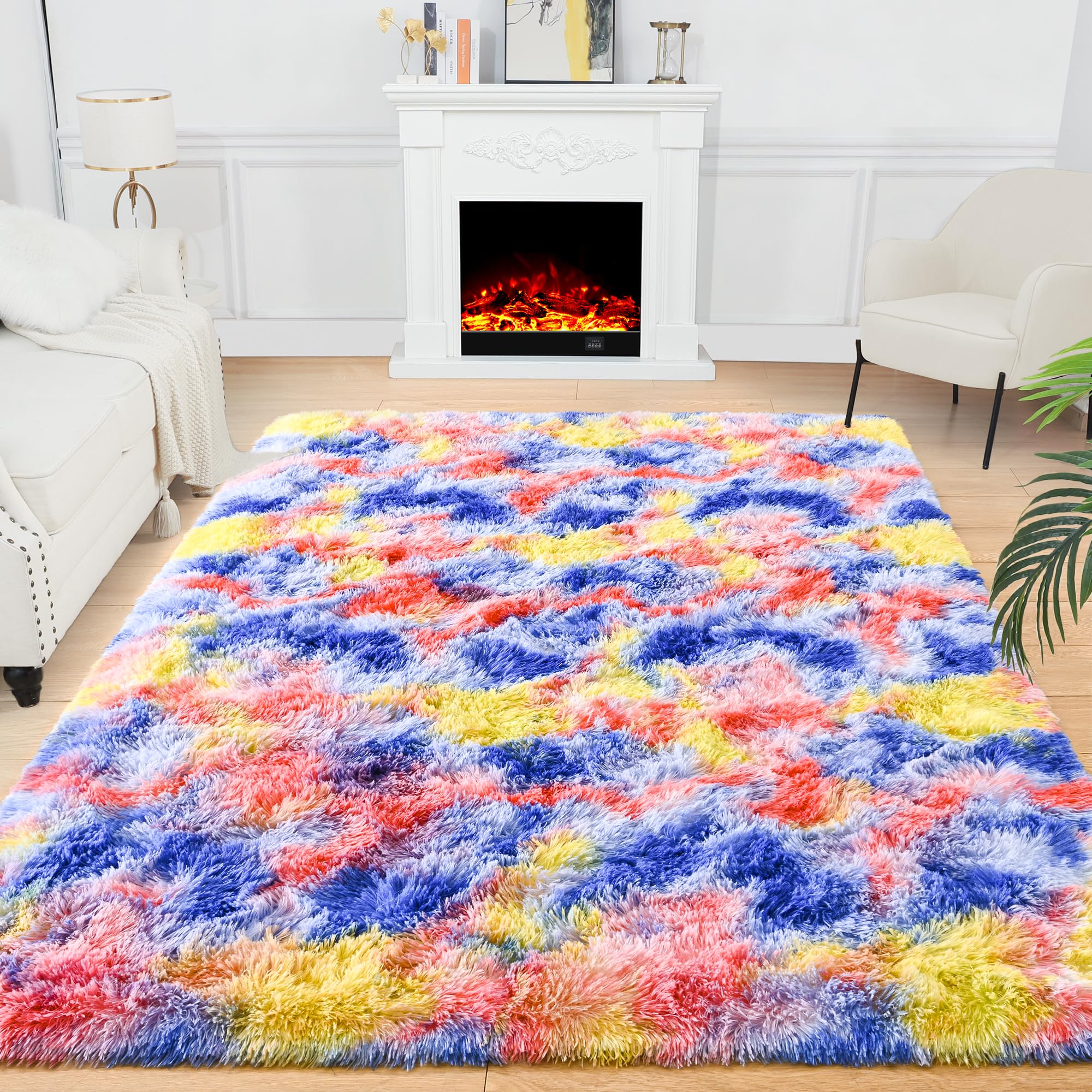 Noahas Rainbow Rug, 4x6 Feet, Blue/Yellow, High Pile, Machine Made, Non-Slip Grip, Machine Wash, Girls Room Decor
