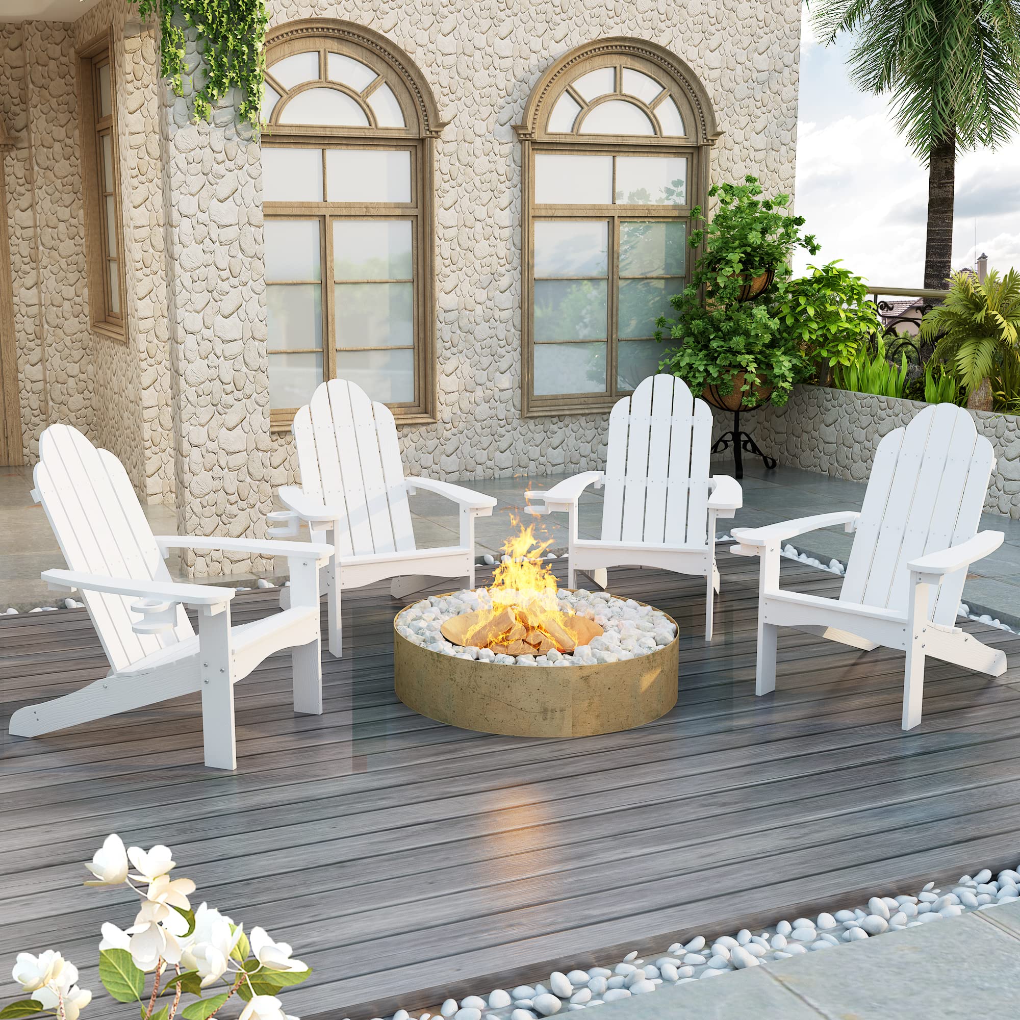 Lue Bona Hdps Adirondack Chairs Set Of 4, Fire Pit Outdoor Chair Weather Resistant With Cup Holder, Modern Plastic Chair Plastic For Patio, Deck, Proch, 350Lbs, White