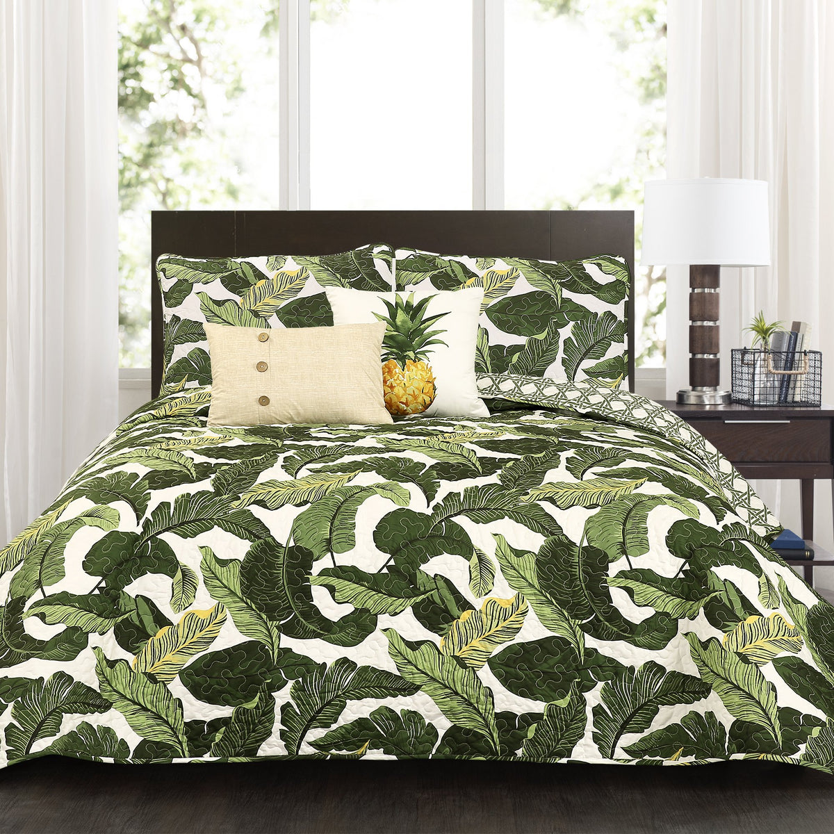 Lush Decor Full Queen-Green Tropical Paradise Quilt-Leaf Palm Rainforest Reversible 5 Piece Bedding Set