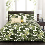Lush Decor Full Queen-Green Tropical Paradise Quilt-Leaf Palm Rainforest Reversible 5 Piece Bedding Set