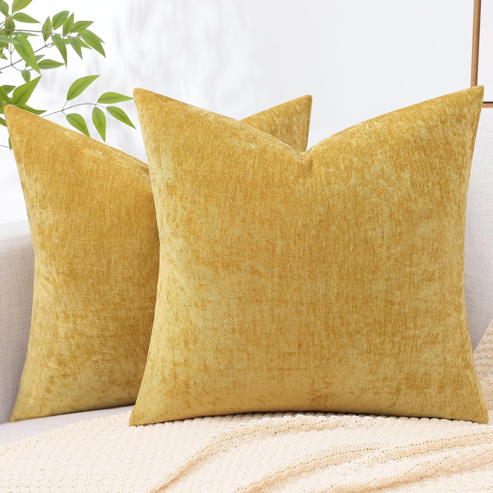 Decoruhome Couch Throw Pillow Covers 20X20 Set Of 2, Decorative Soft Chenille Solid Dyed Pillow Covers For Sofa Bed Living Room, Mineral Yellow