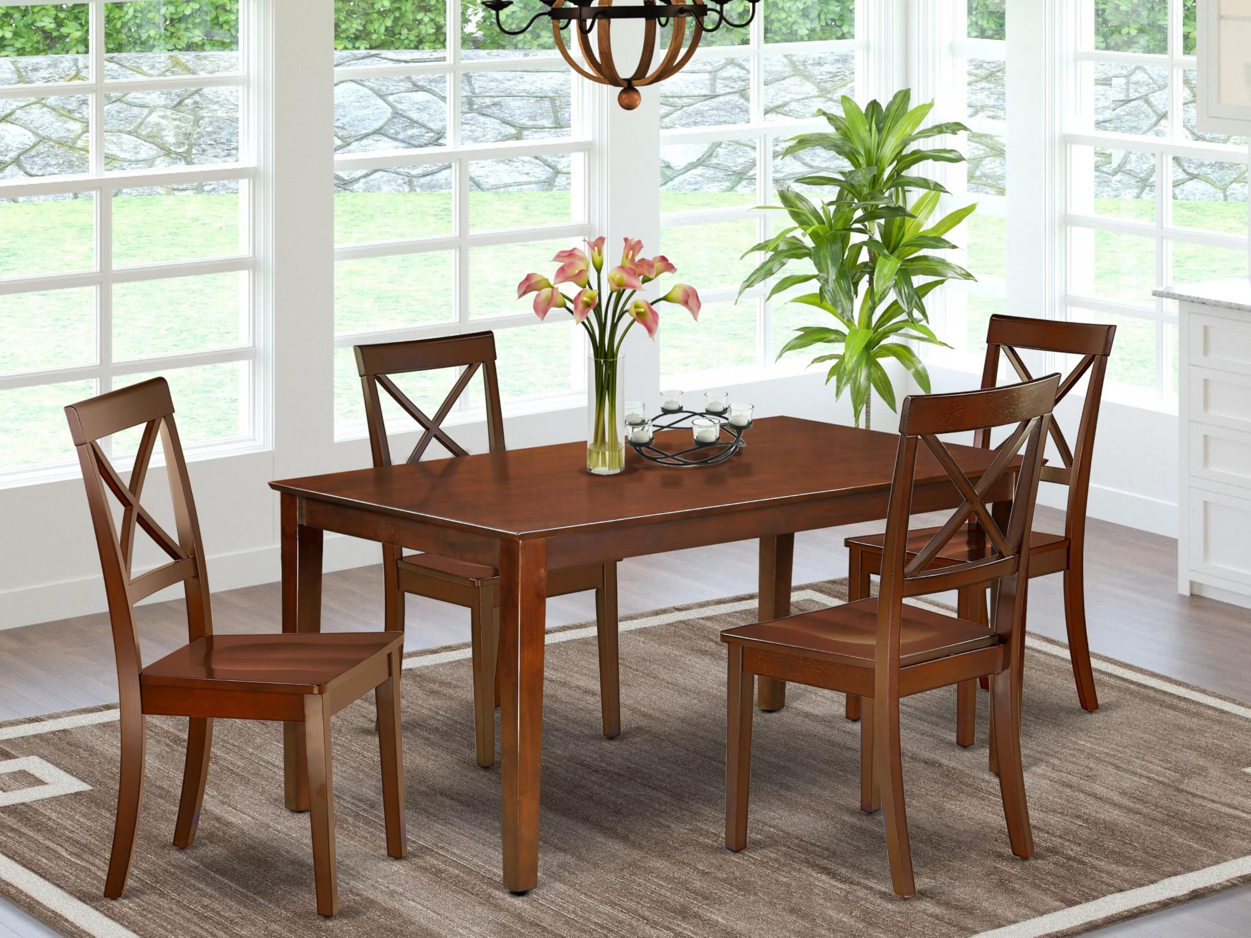East West Furniture Cabo5-Mah-W 5 Piece Dining Room Furniture Set Includes A Rectangle Dining Table And 4 Wood Seat Chairs, 36X60 Inch, Mahogany