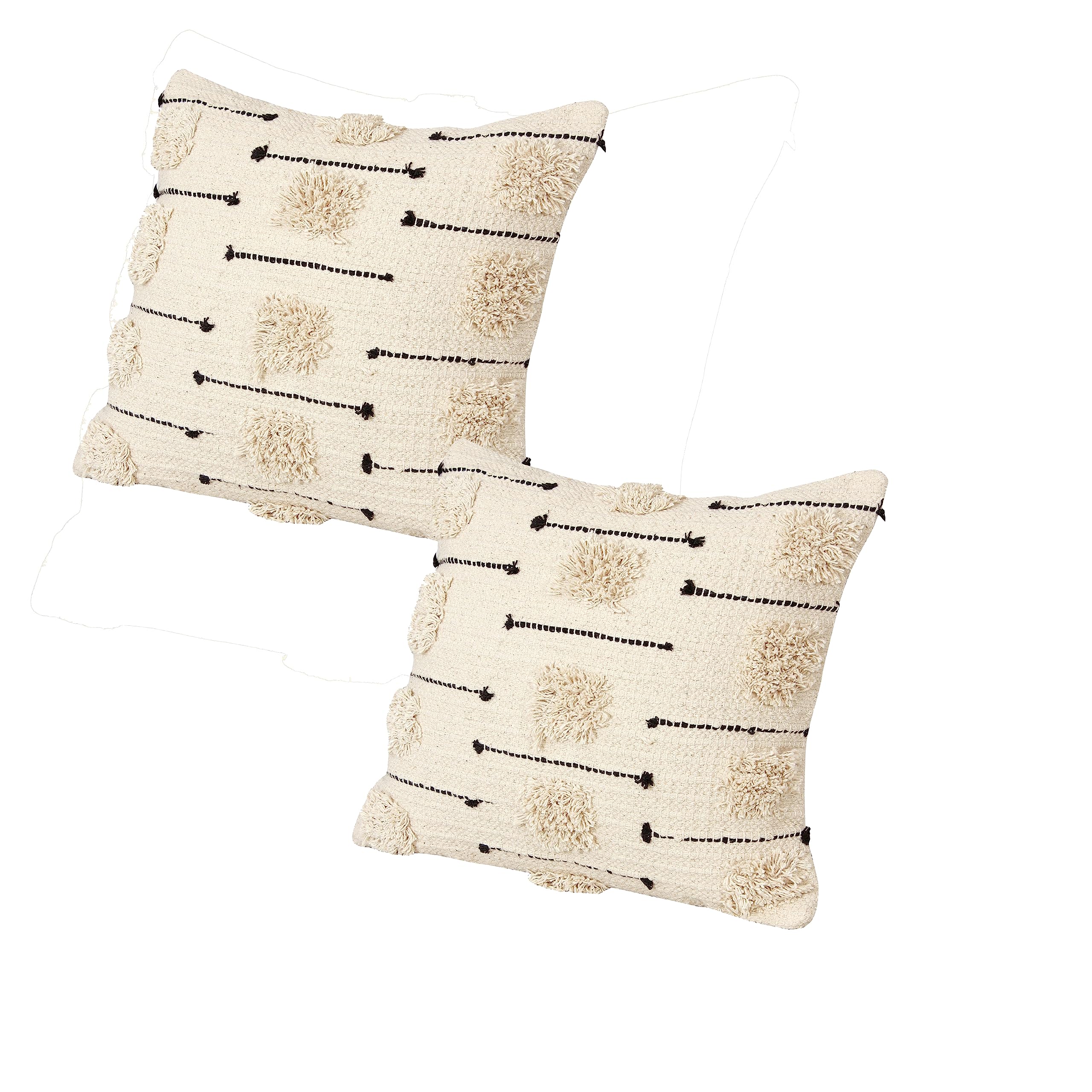 18 x 18 Square Cotton Accent Throw Pillow, Trimmed Shaggy Fringe Accents, Set of 2, Beige, Black