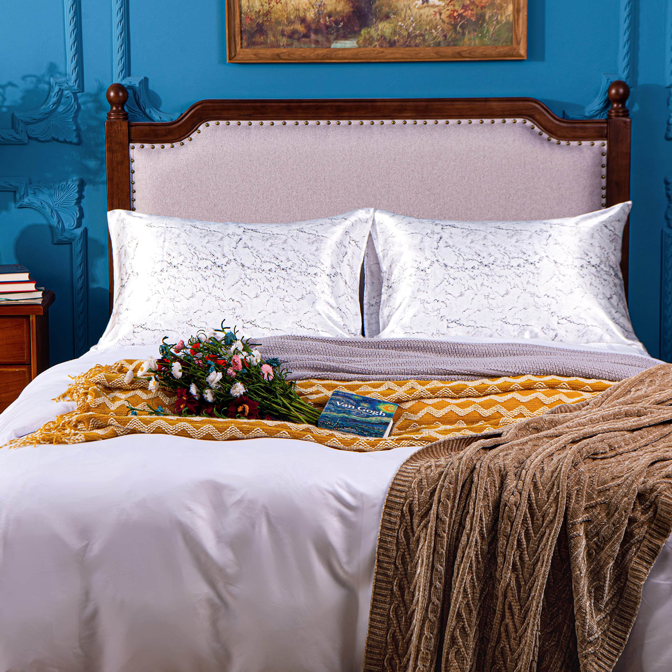 Ntbay 2 Pack Satin Standard Pillowcases For Hair And Skin, Luxurious And Silky Marbling Printed Pillow Cases With Envelope Closure, 20X26 Inches, White