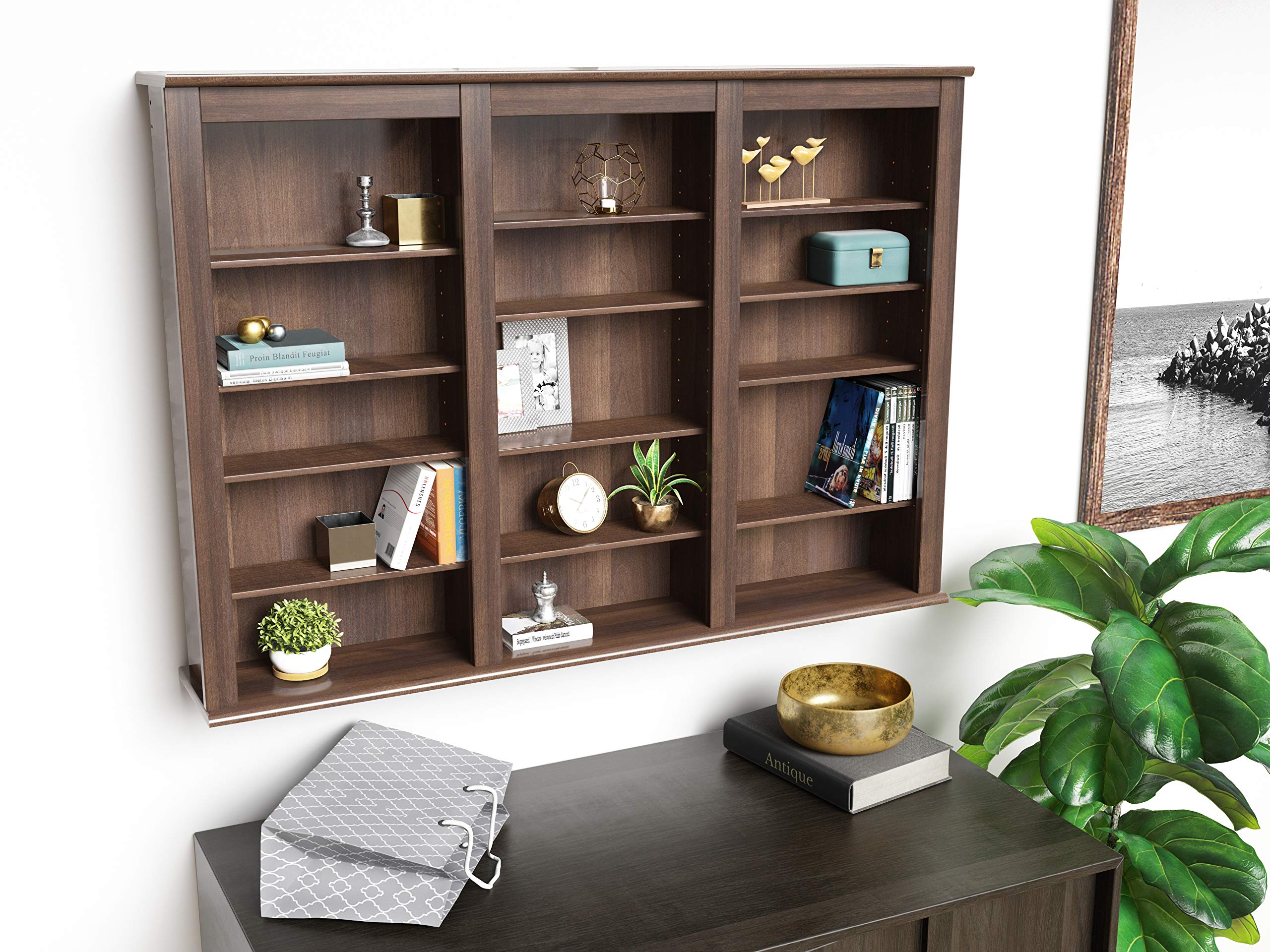Prepac 3 Column Display Cabinet, Espresso Storage Cabinet, Wall Cabinet, Dvd Storage Cabinet With 12 Adjustable Shelves 8.25' D X 47' W X 34' H